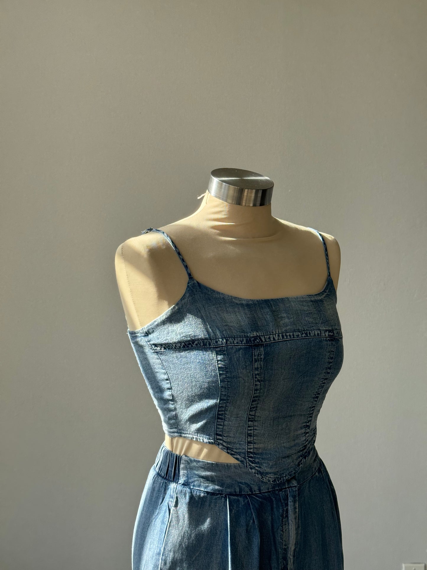 Jessie Denim Printed Corset Top In Faded Indigo