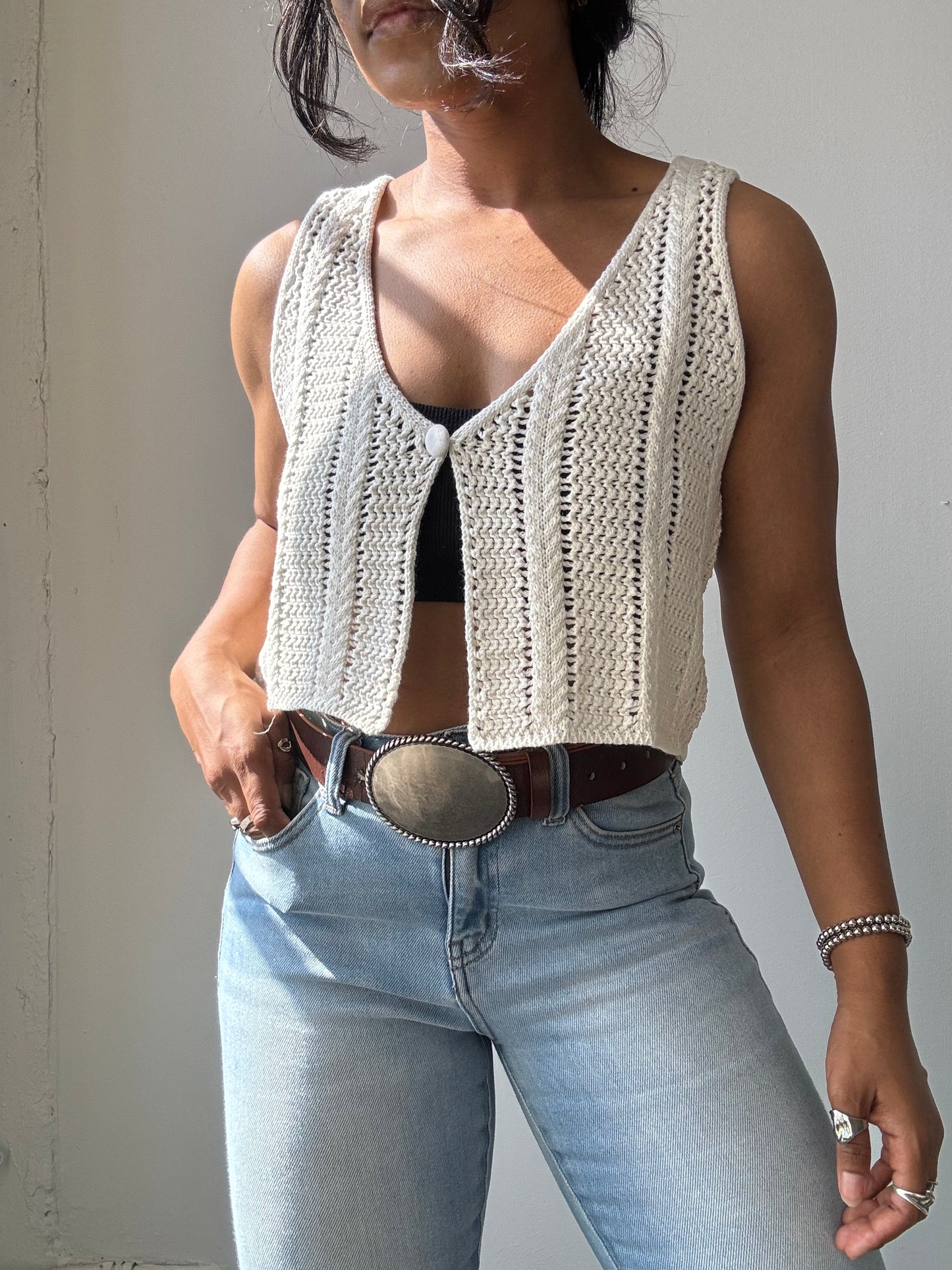 Sheryl Cotton Crochet Single Front Closure Crop Top In Ivory