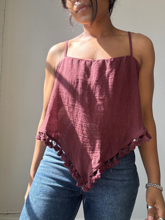 Olivia Ramie Tassel Bandana Top In Deep Plum