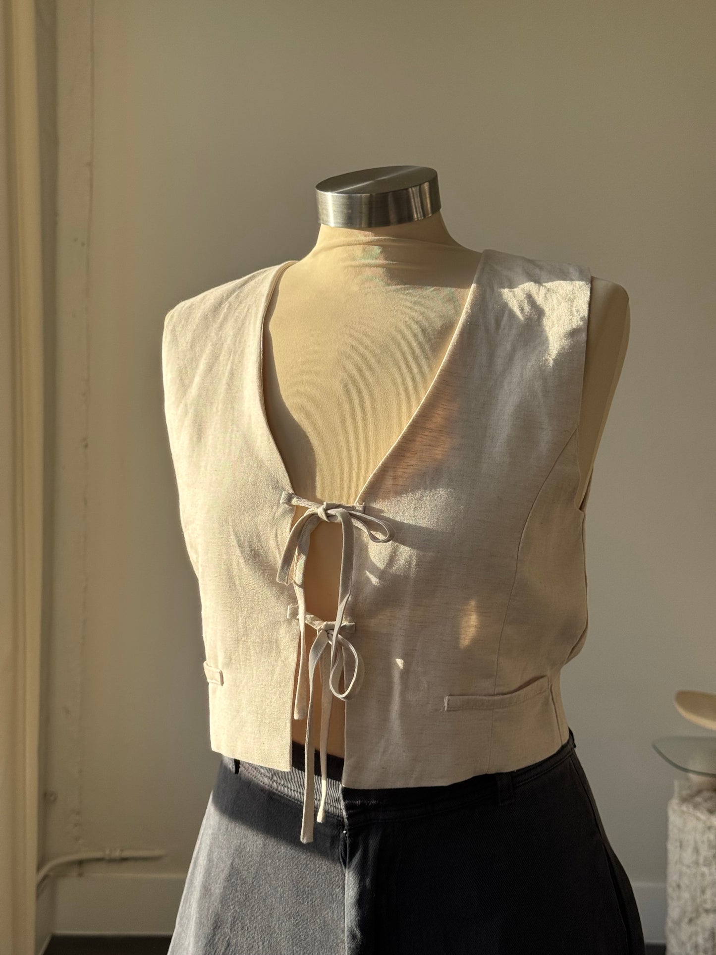 Marcel Linen Tie Front Vest In Natural