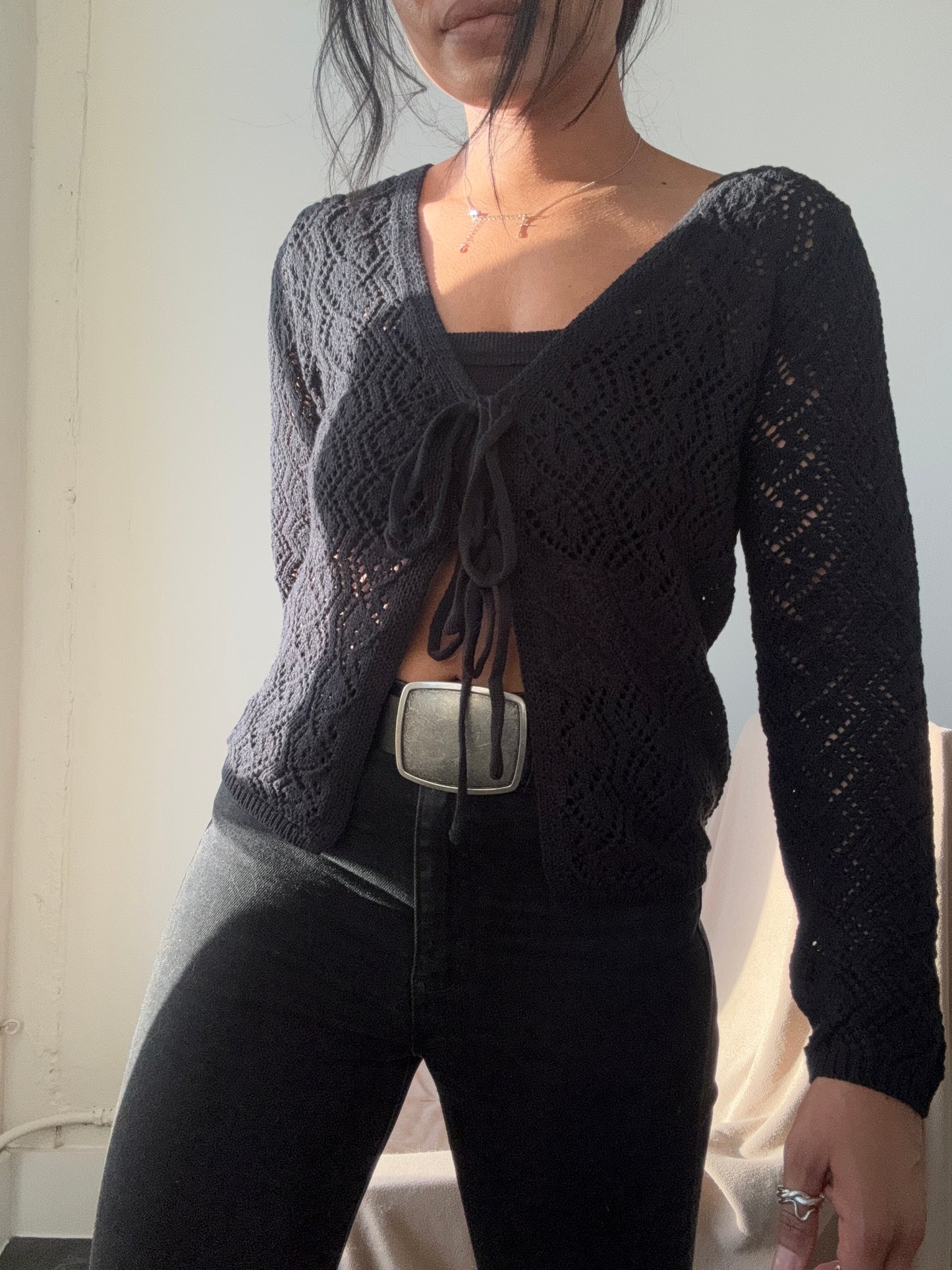 Brooks Crochet Tie Front Top In Black