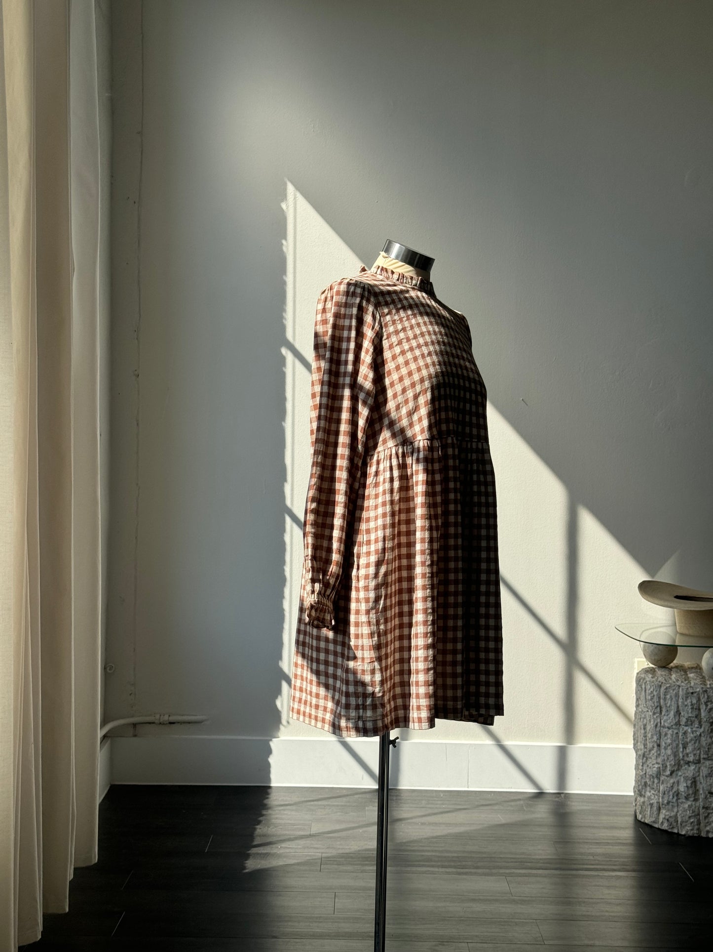 Angie Cotton Mock Neck Gingham Dress In Coffee