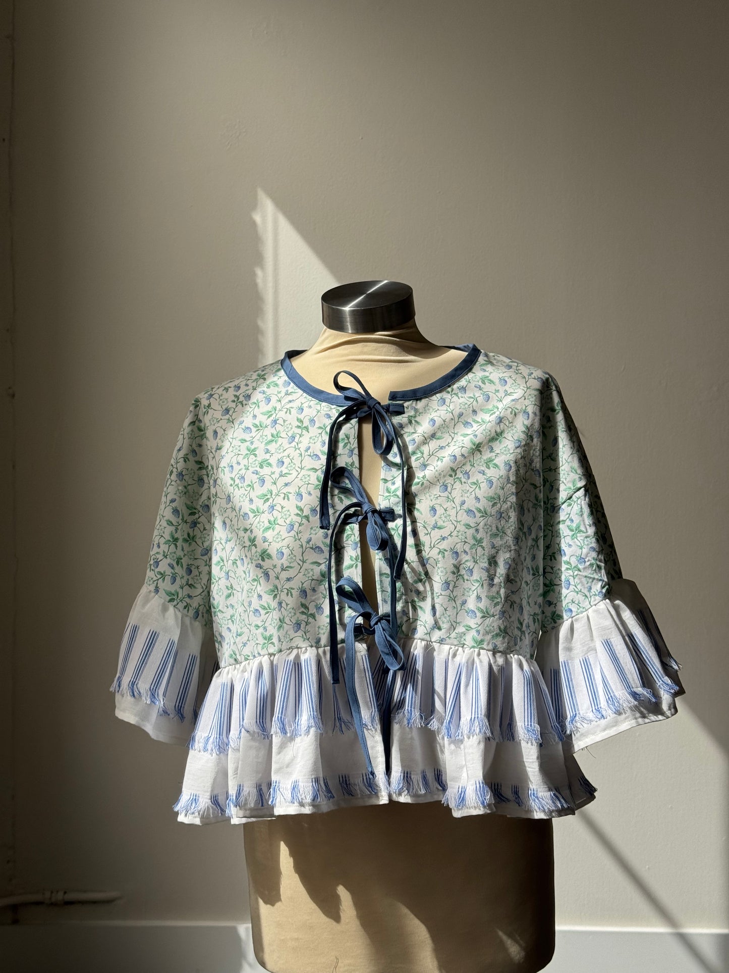 Joycie Cotton Handcrafted Floral & Fringe Ruffle Top In Vintage Green