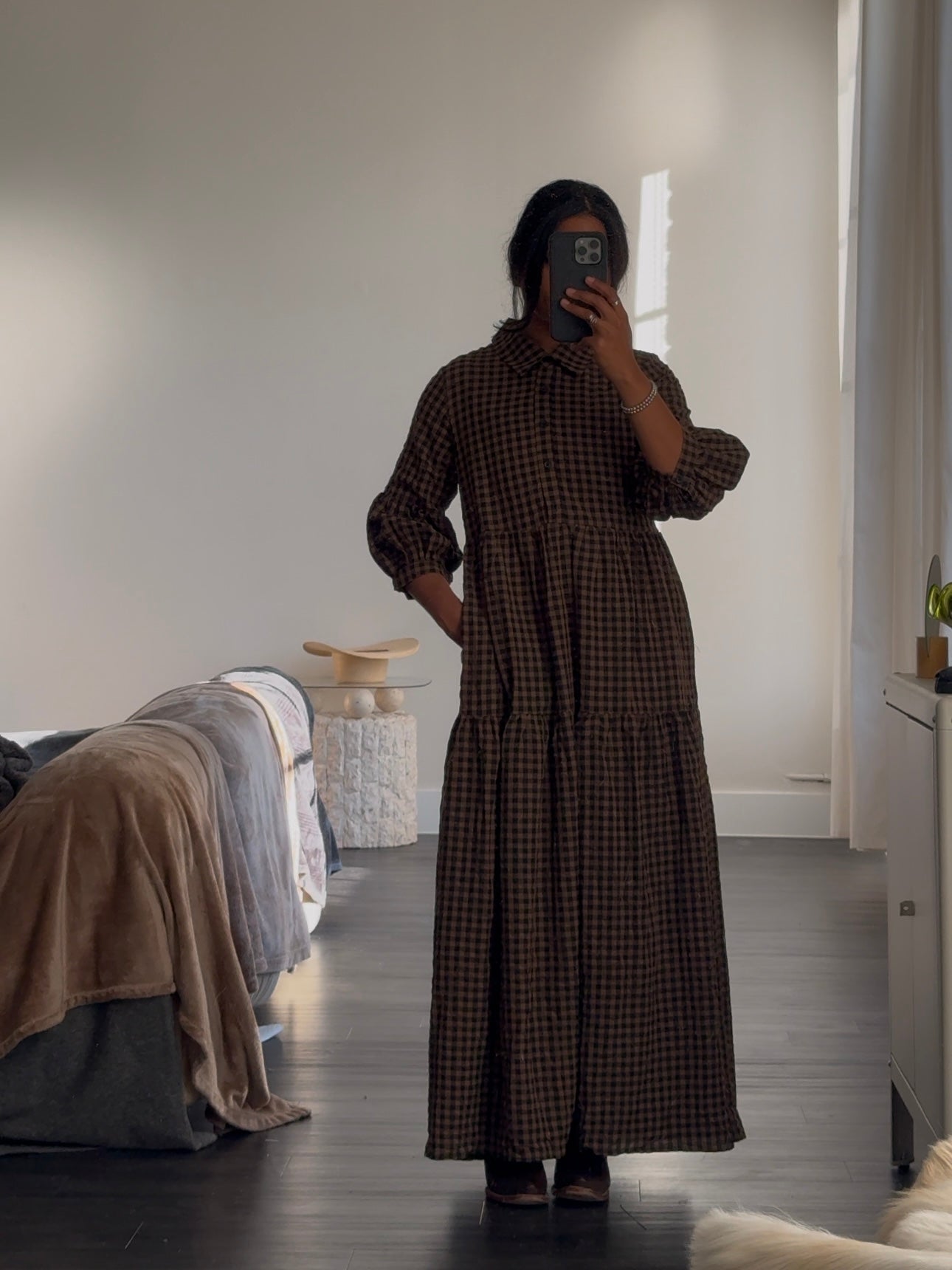 Jacqueline Cotton Gingham Maxi Dress In Olive Brown