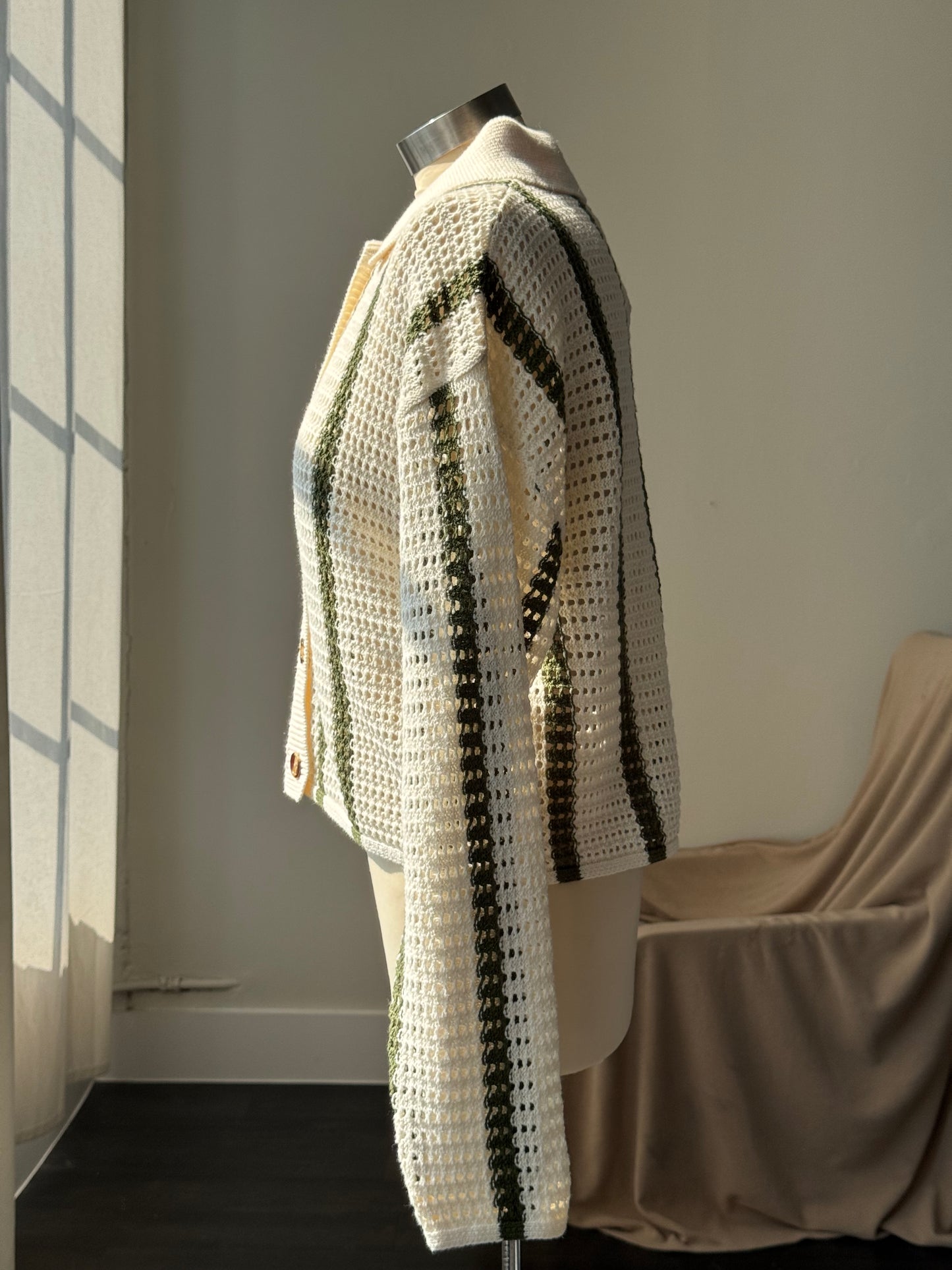 Solana Cotton Crochet Striped Button Down In Forest