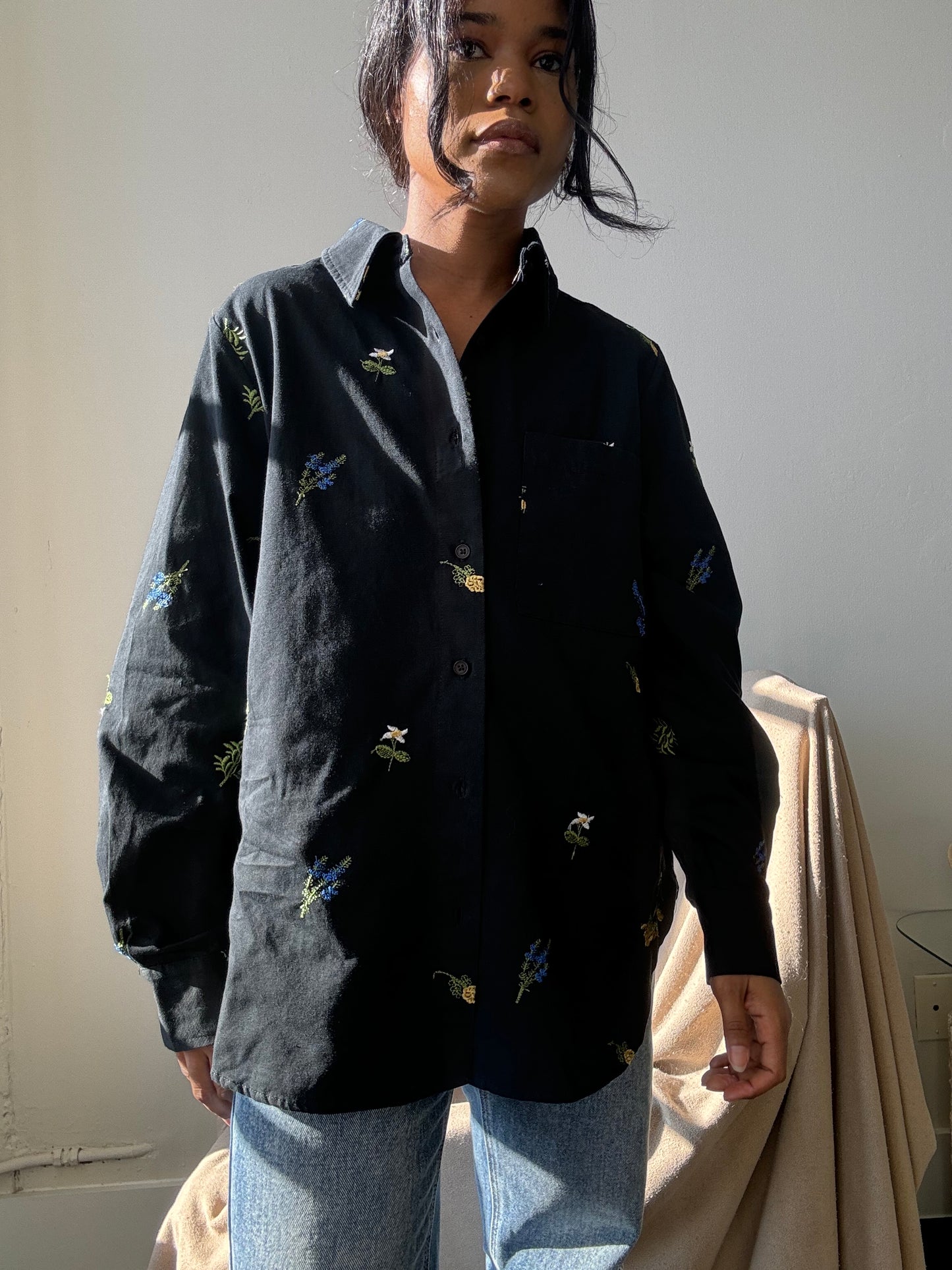 Marlene Cotton Embroidered Floral Button Down In Black