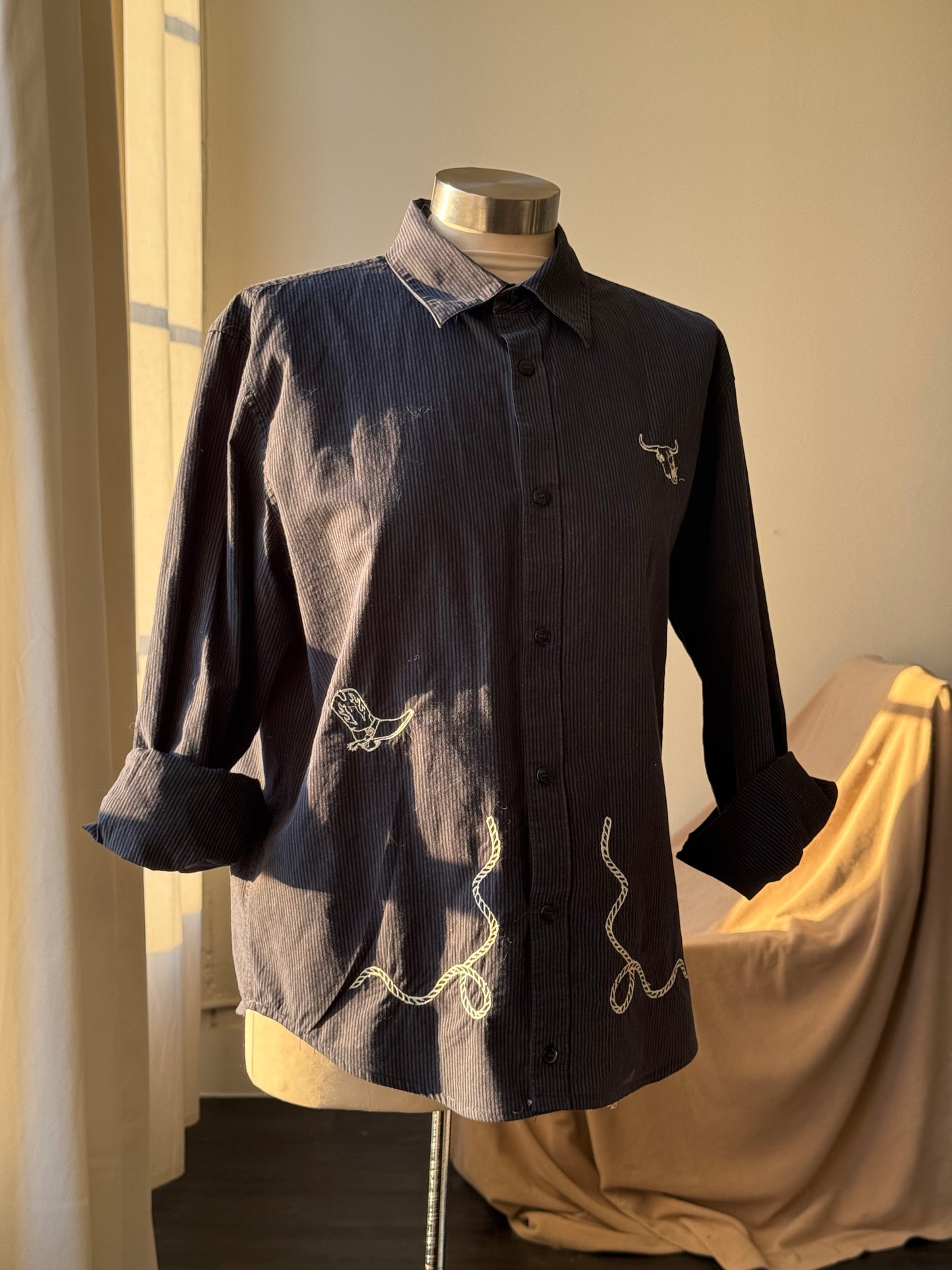Lawrence Handcrafted Sad Songs Cropped Cotton Button Down Long Sleeve In Pinstripe Midnight Navy