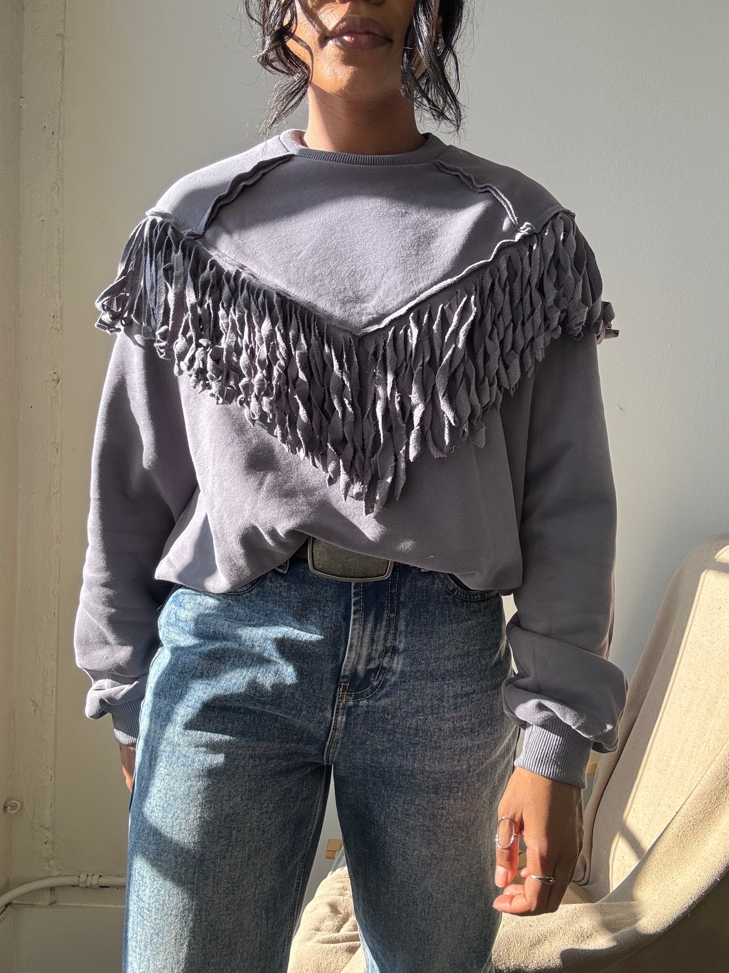 Kalon Cotton Crewneck Western Style Fringe Pullover In Charcoal