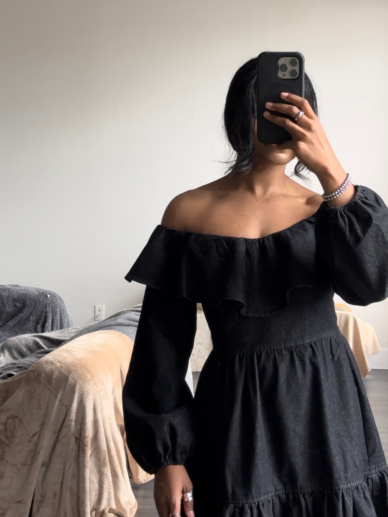 Carmen Cotton On Or Off Shoulder Classic Denim Dress In Vintage Black