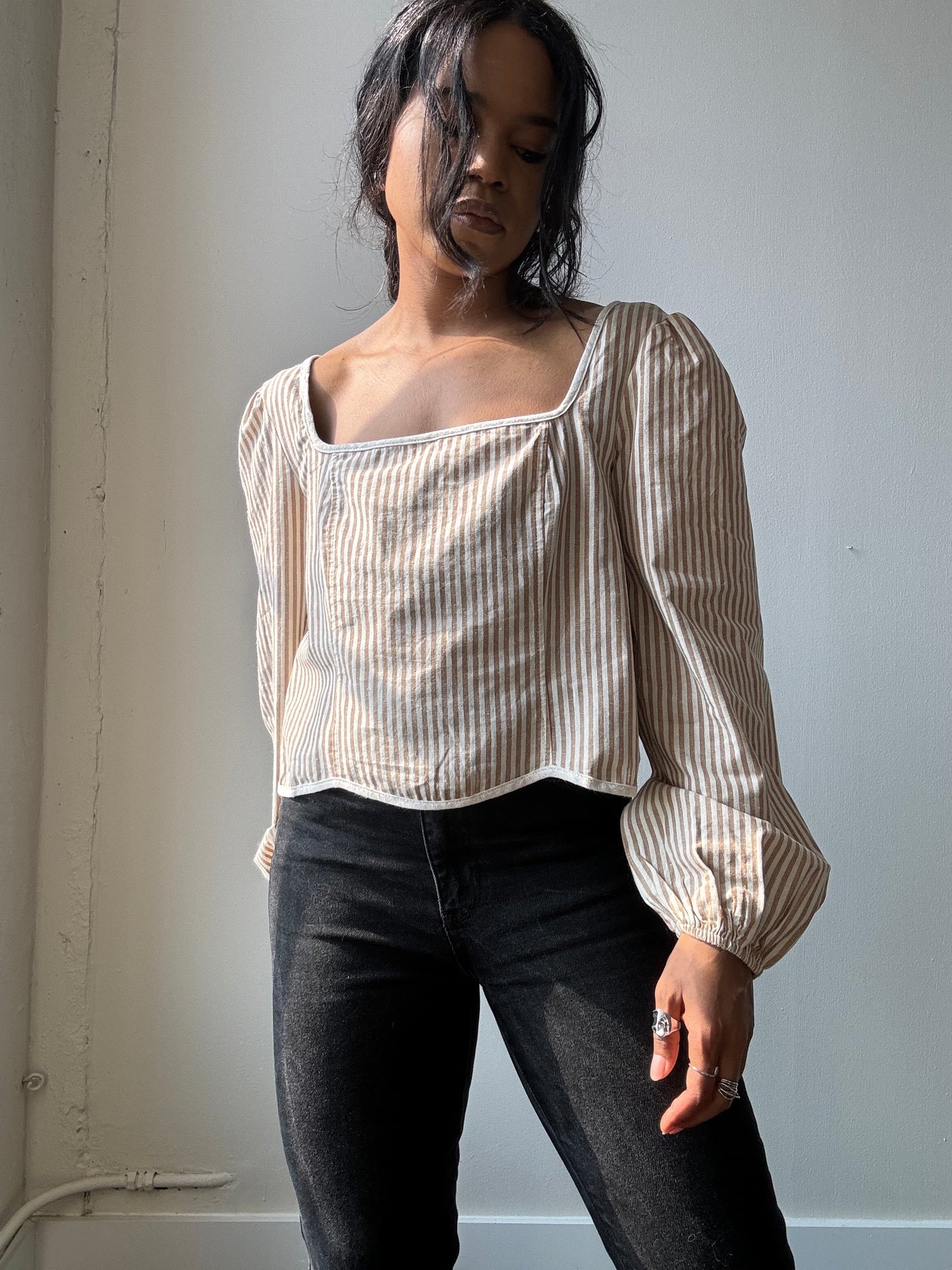 Marcella Cotton Button Back Striped Crop Top In Taupe