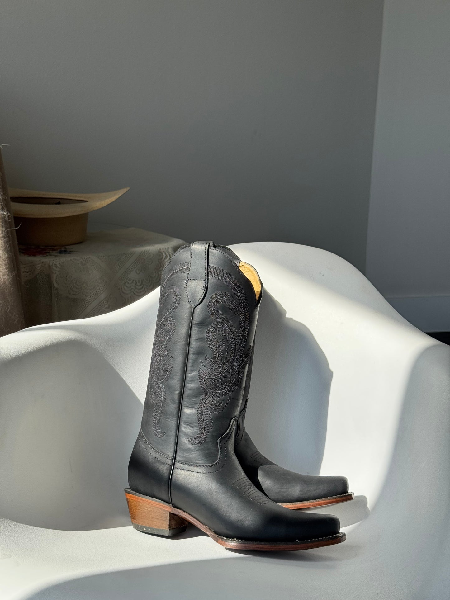 Matte Black Genuine, leather, Cowboy Boots