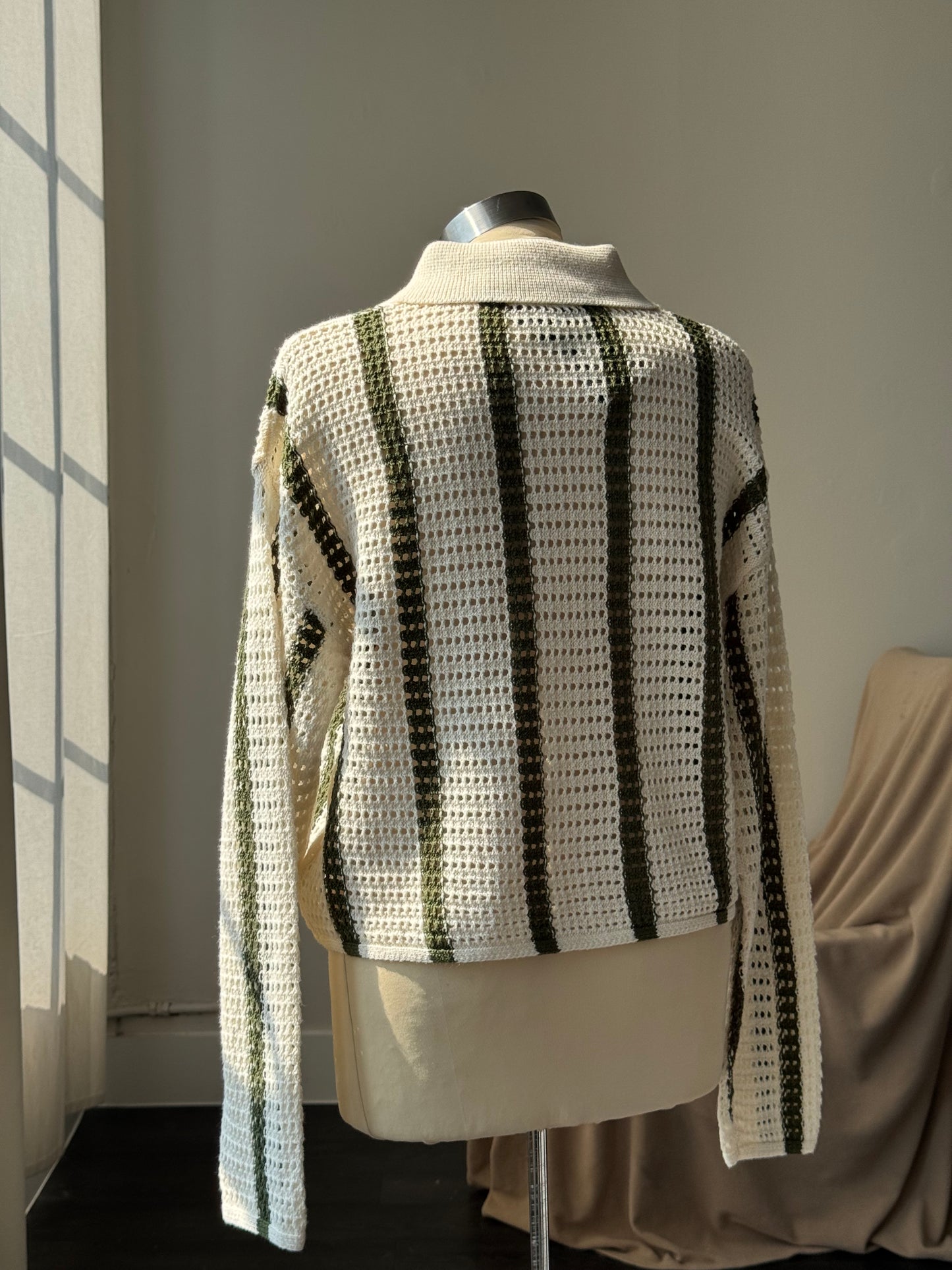 Solana Cotton Crochet Striped Button Down In Forest