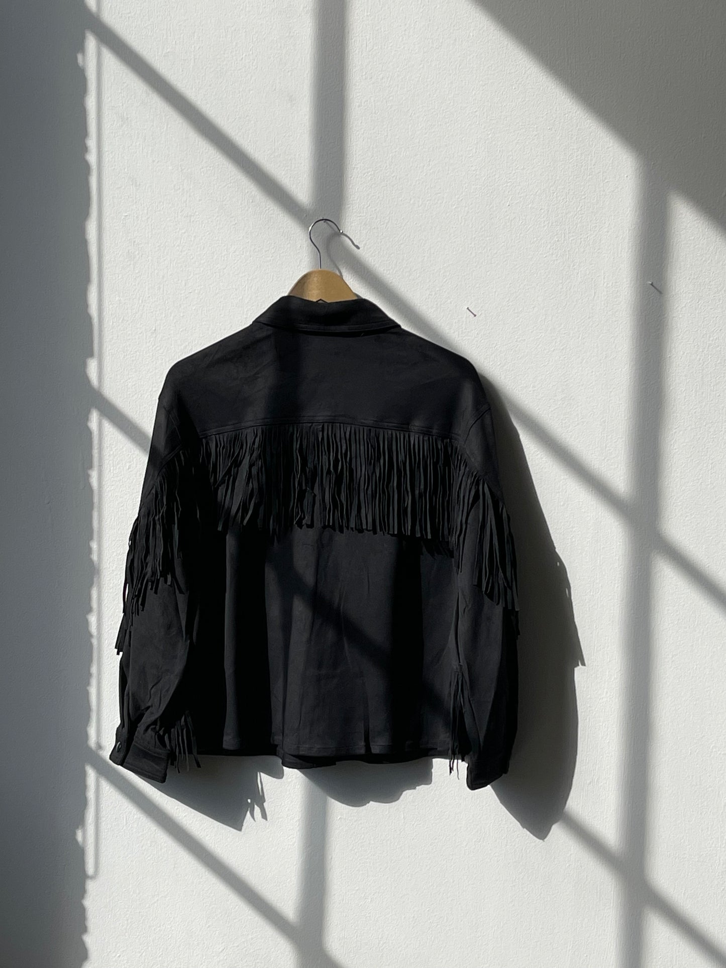 Dixie Microsuede Fringe Snap Front Shacket In Black