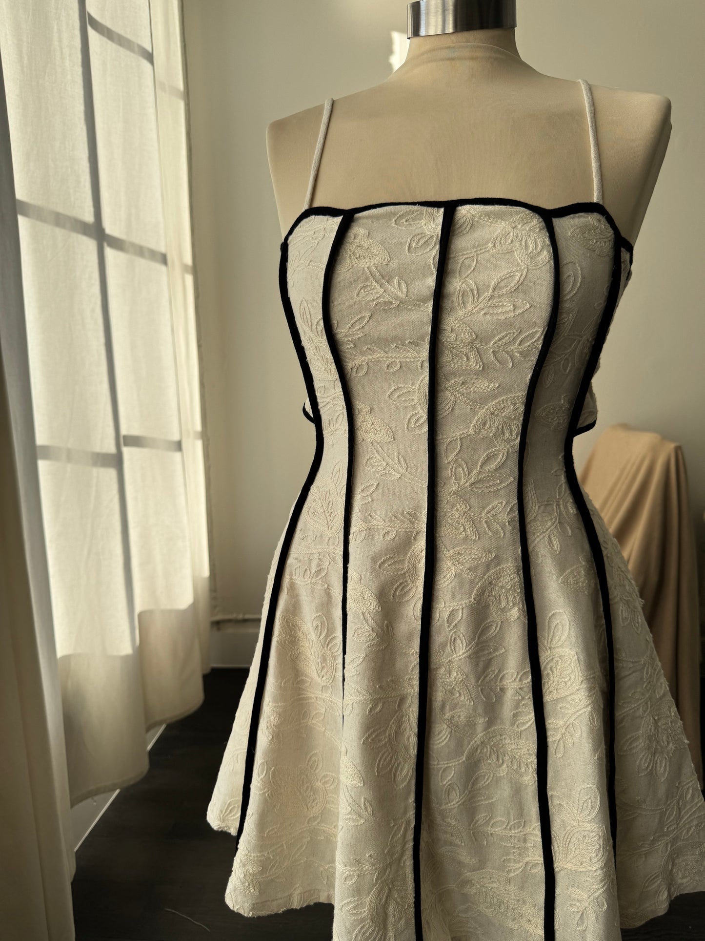 Julisa Cotton & Linen Pipping Open Back Embroidered Mini Dress In In Cream