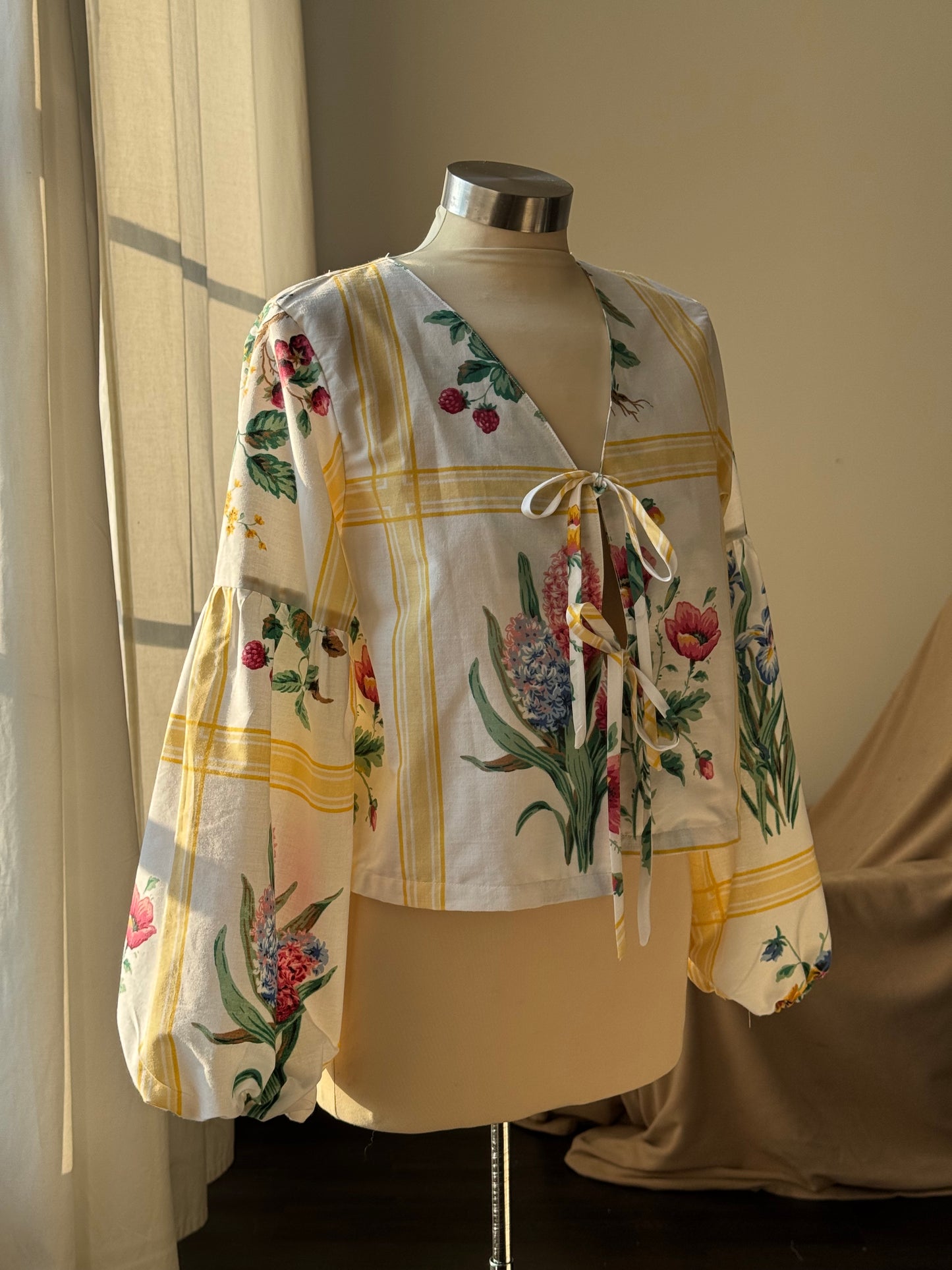 Brenda Faye Handcrafted Vintage Lantern Sleeve Tie Front Top
