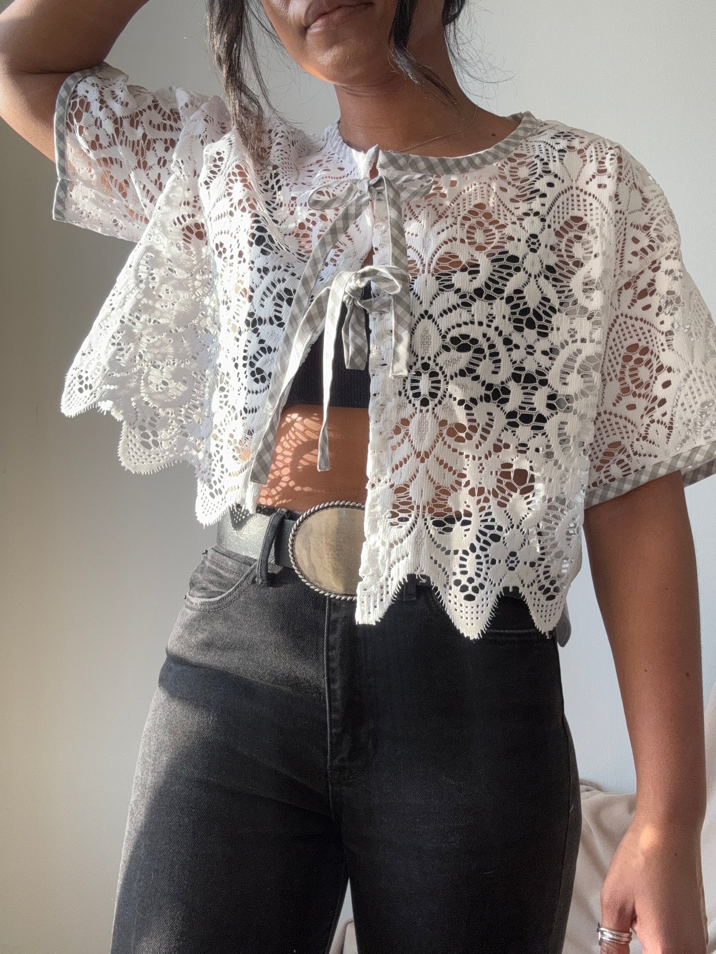 Velma Handcrafted Vintage Lace Wave Tie Top In White