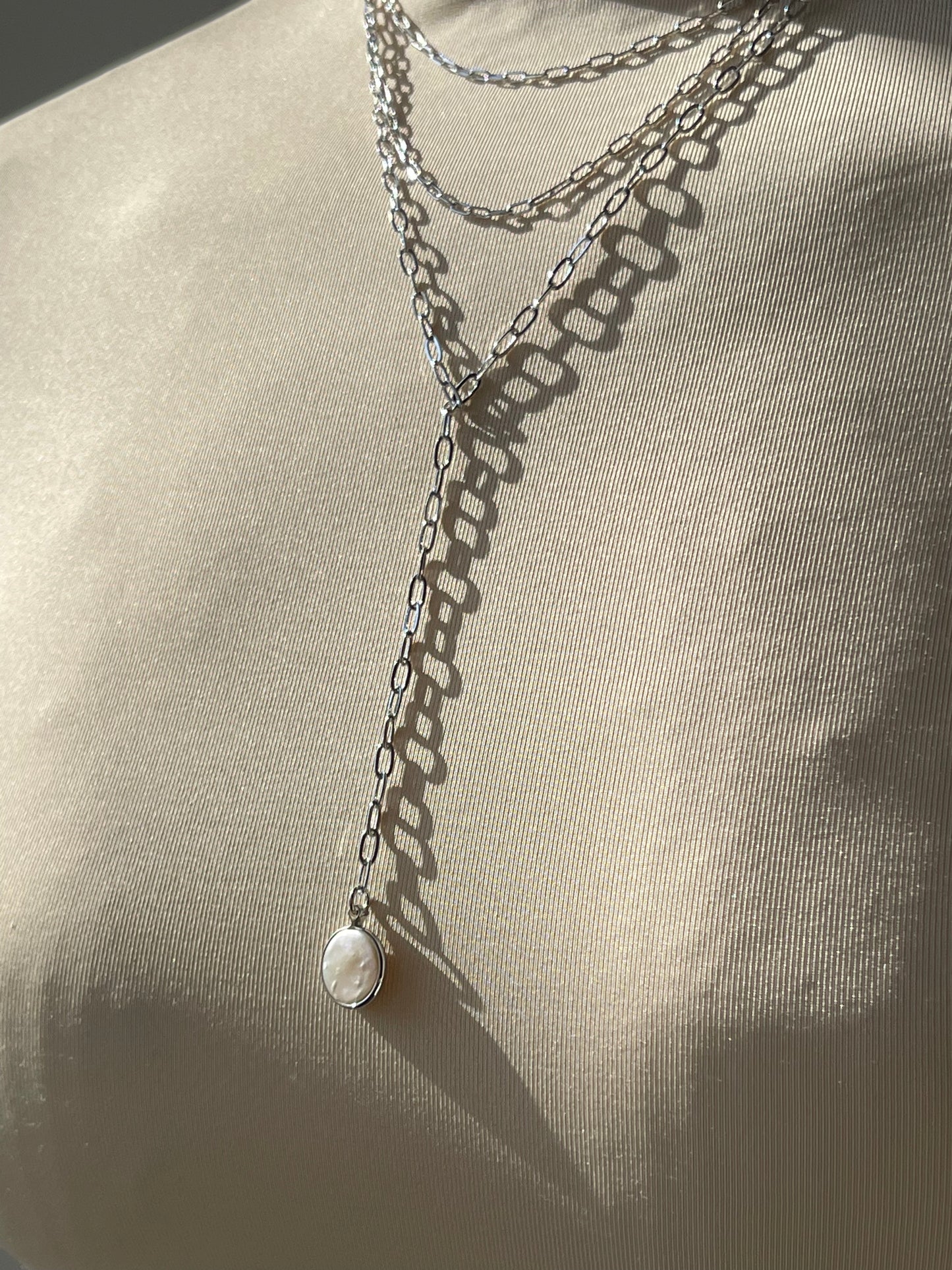 Phoebe Freshwater Drop Tri Link Necklace In Silver