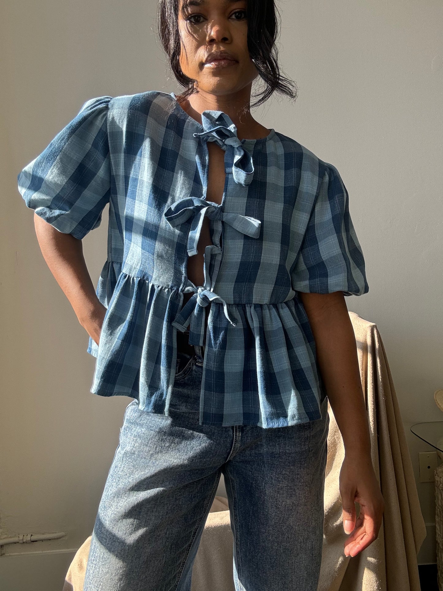 Gable Cotton Plaid Tie Top In Vintage Denim Blue