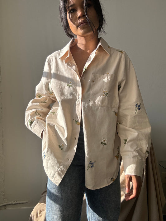 Marlene Cotton Embroidered Floral Button Down In Butter Cream