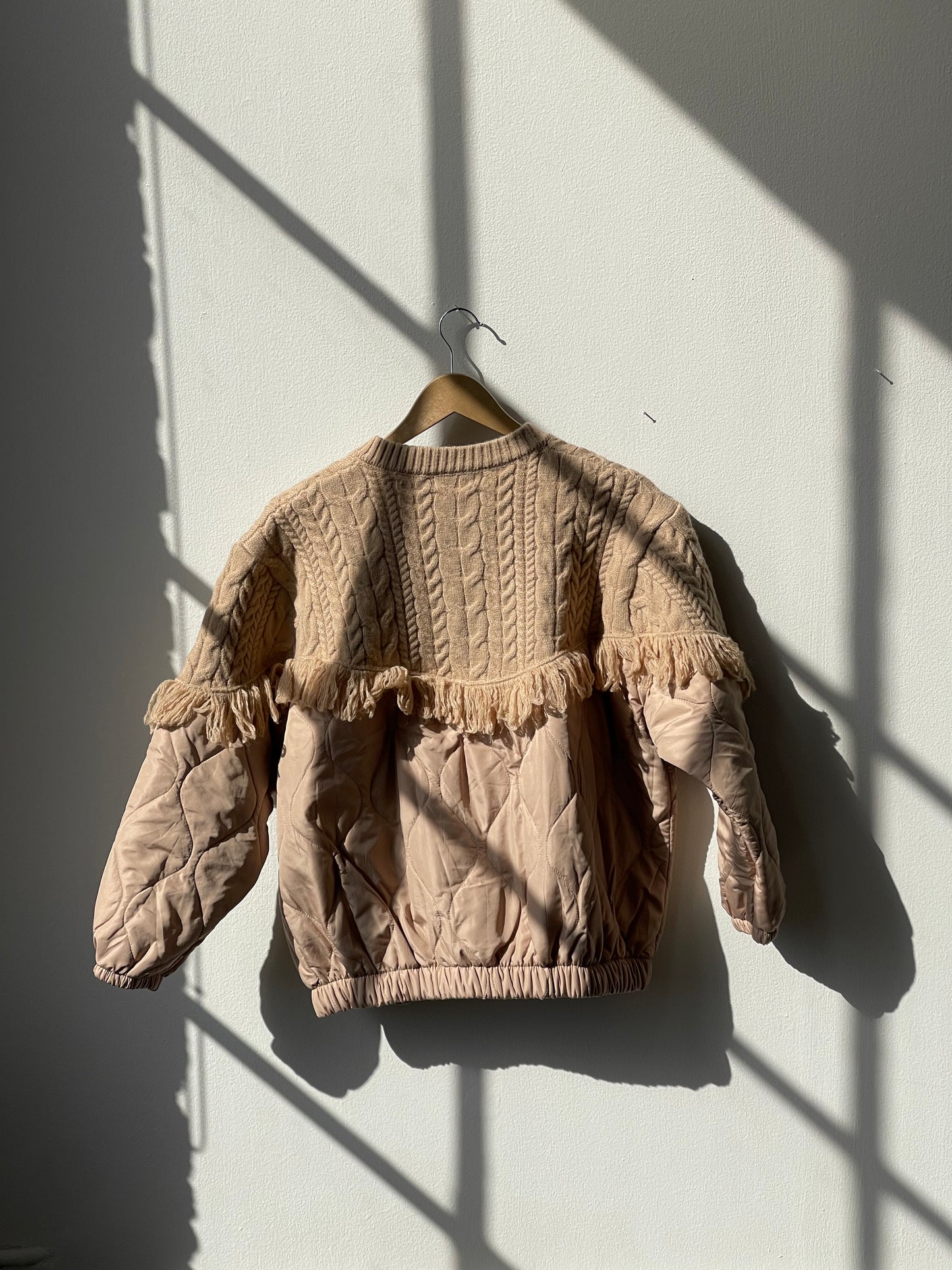 Carson Quilted Cable Knit & Fringe Jacket In Sand