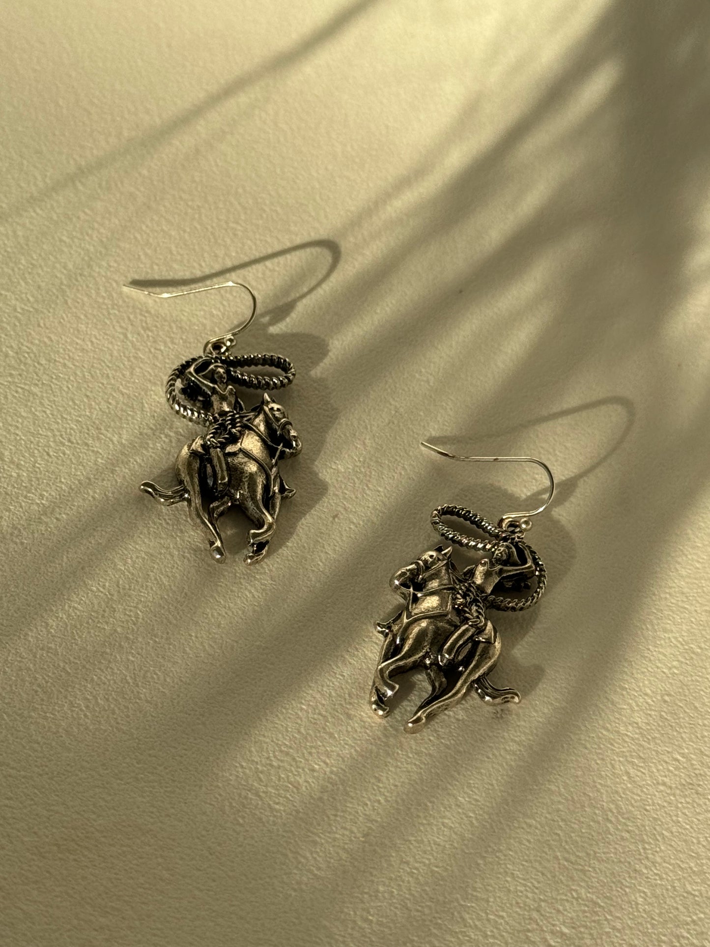 Faye Lasso Cowgirl Riding Horse Drop Earring In Antique Silver