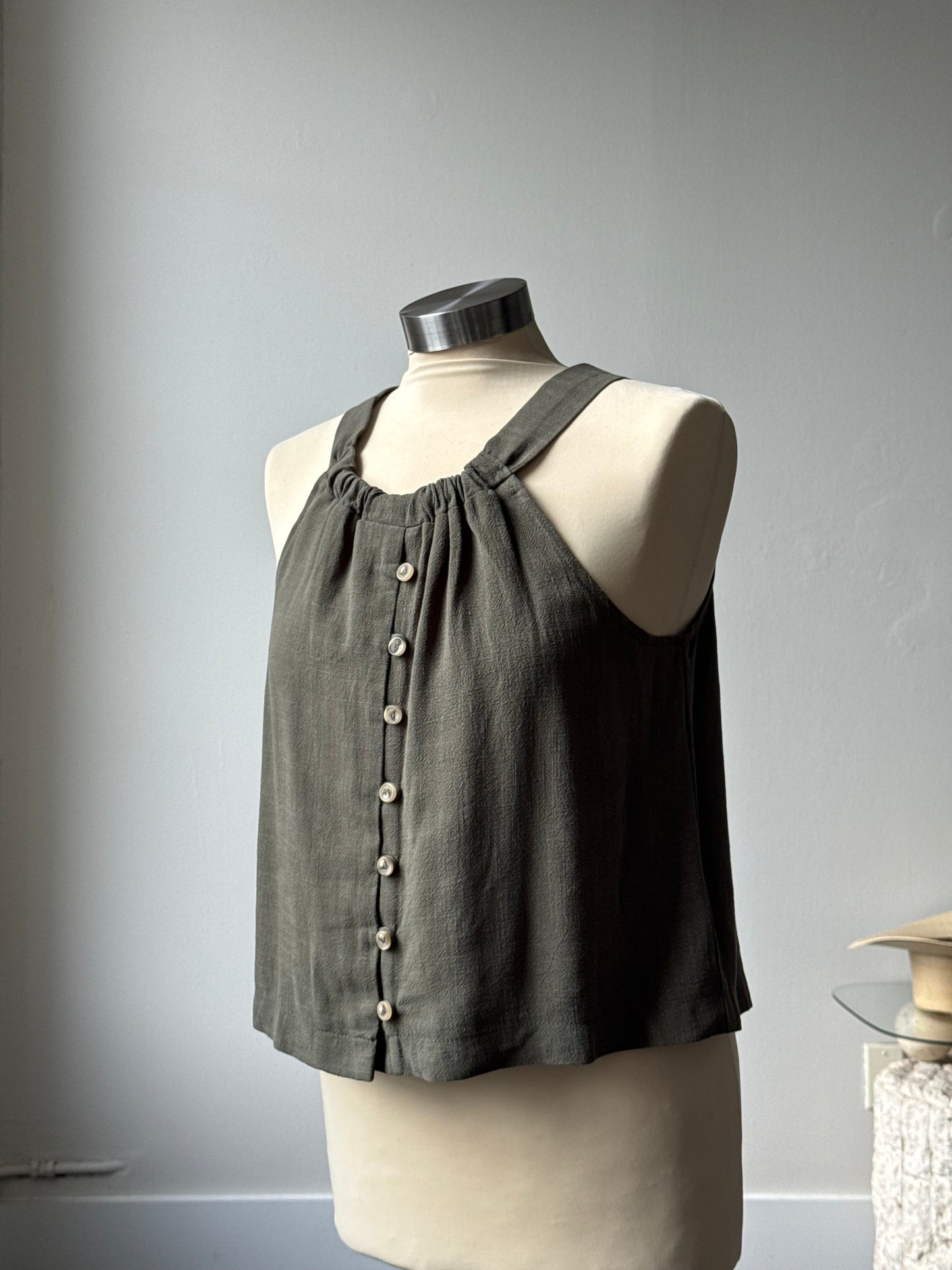 Teagan Linen Button Front Halter Tank In Olive