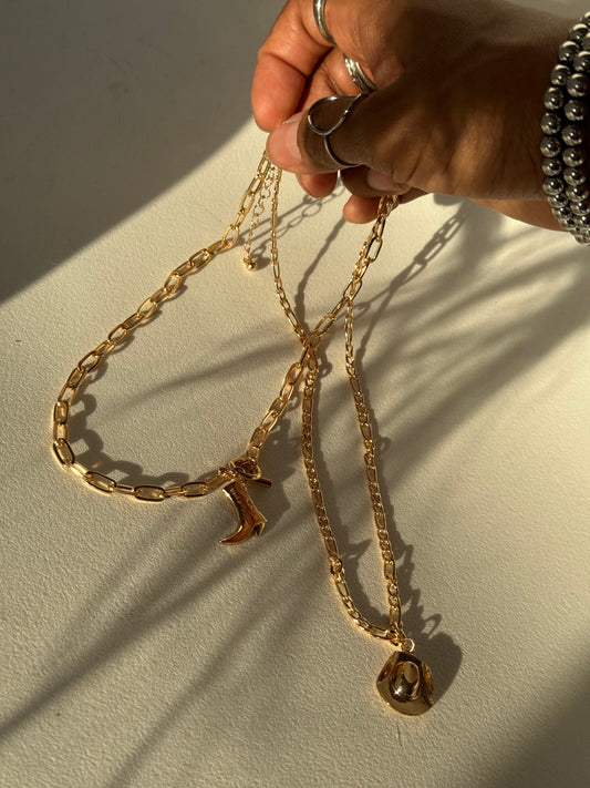 Corky Cowboy Hat Boot & Toggle Double Chain Necklace Set In Gold