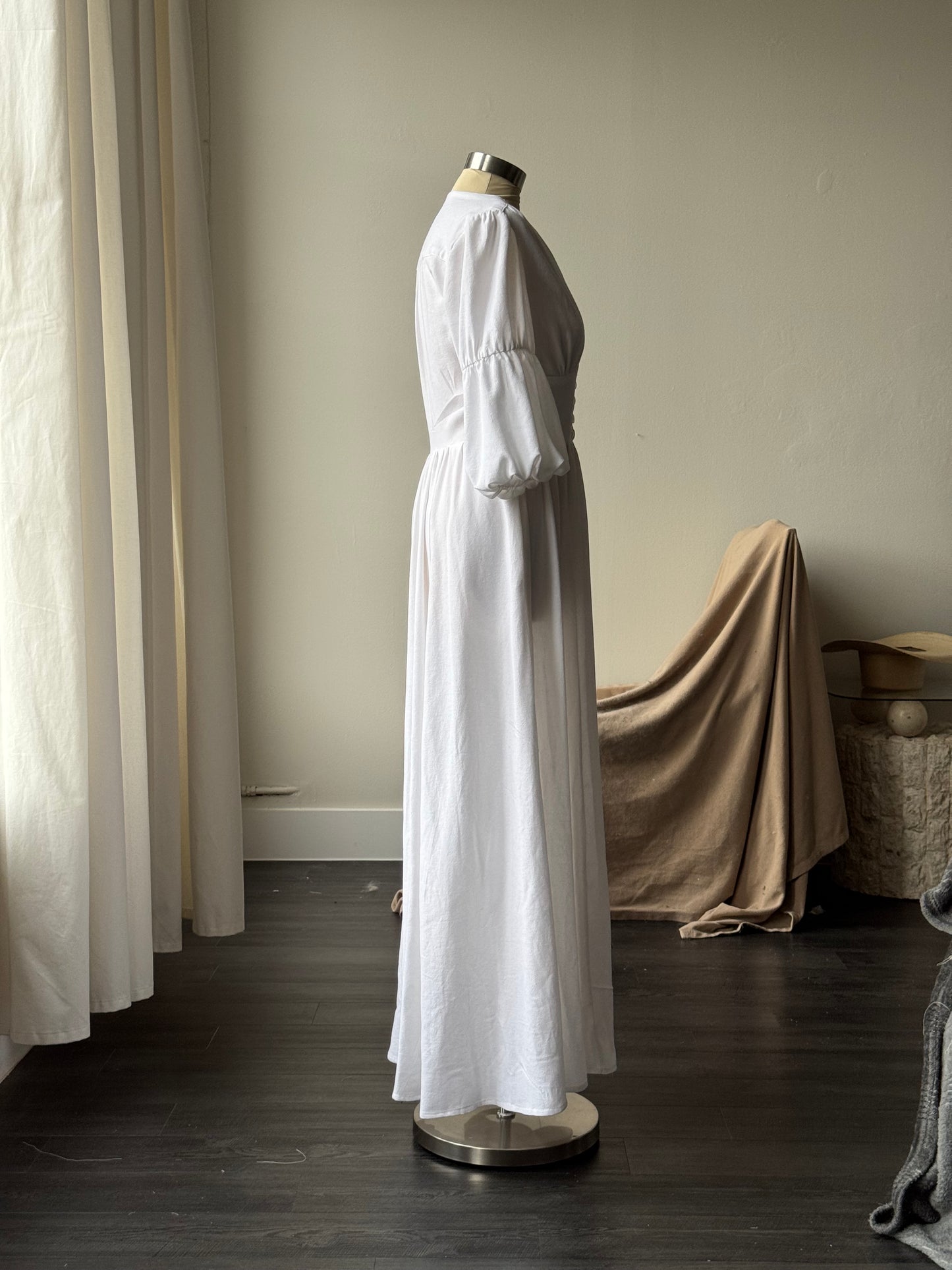 Anriette Cotton & Linen Button Front Maxi Dress In White