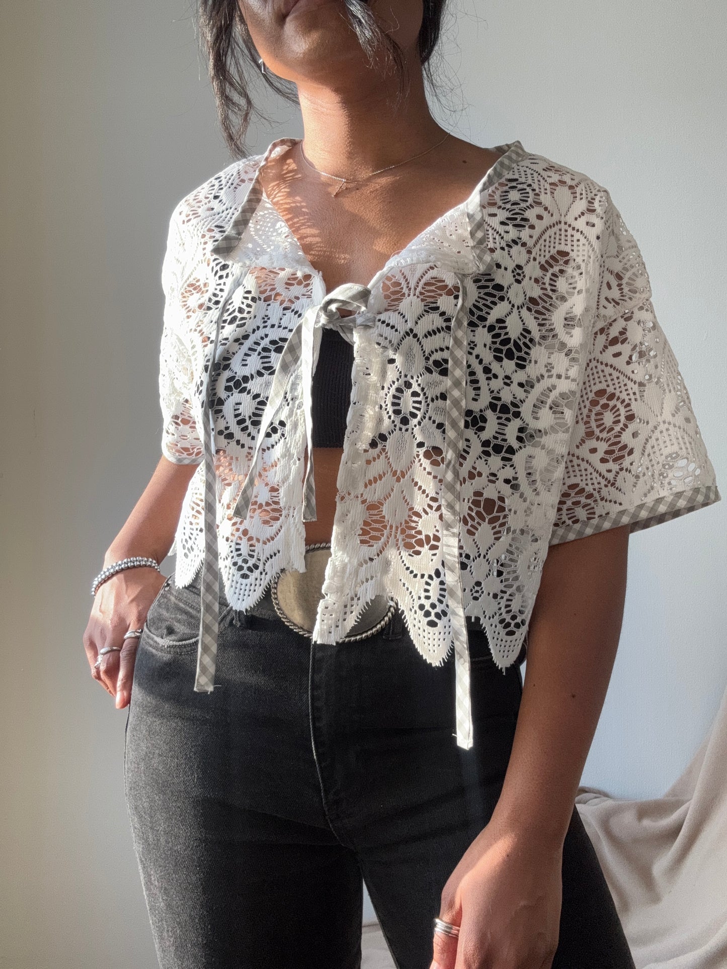Velma Handcrafted Vintage Lace Wave Tie Top In White