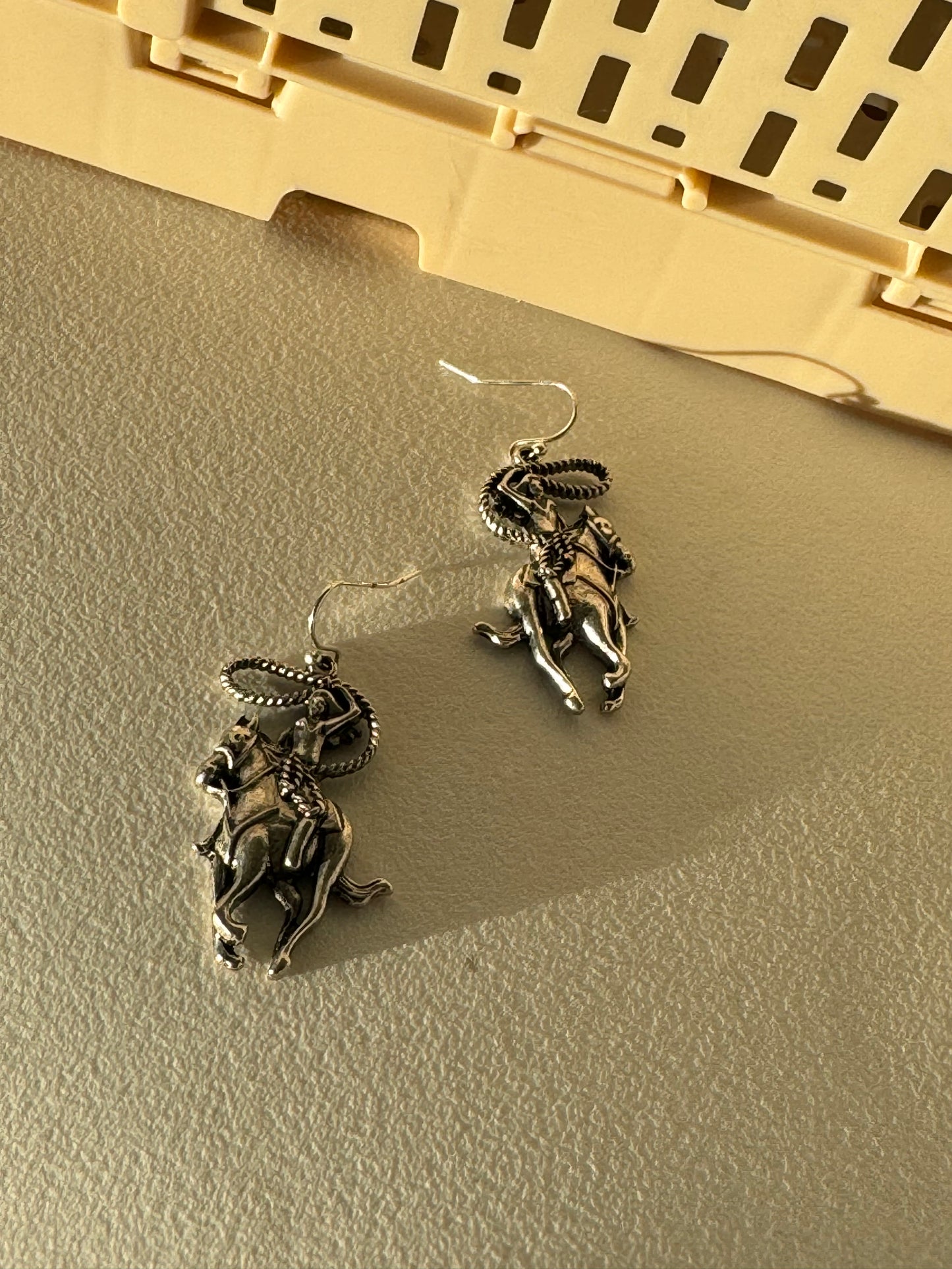 Faye Lasso Cowgirl Riding Horse Drop Earring In Antique Silver