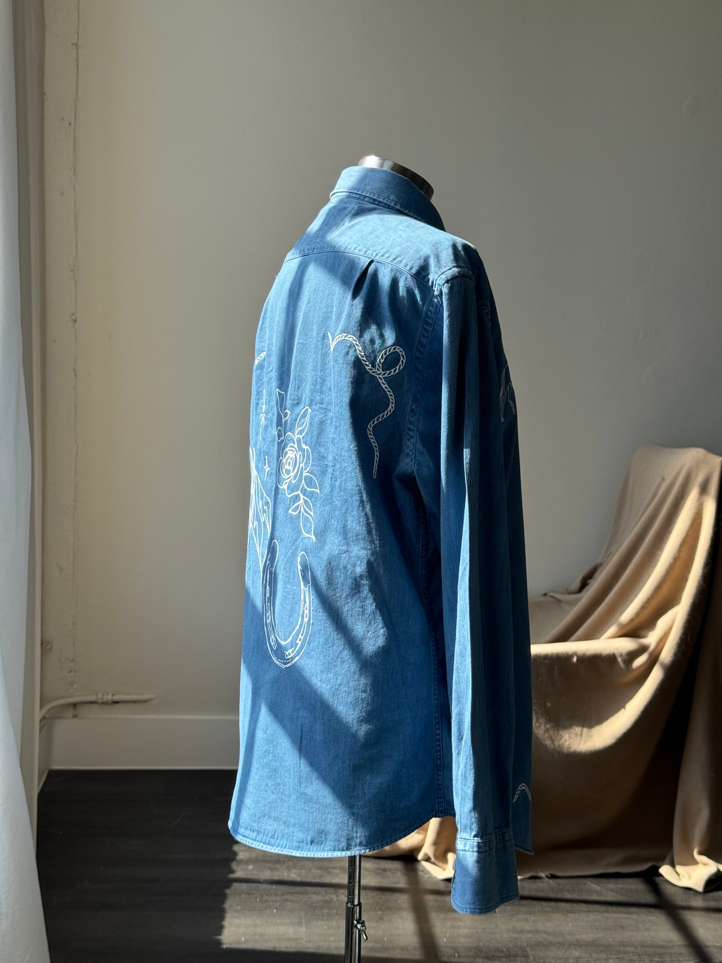 Jaxson Handcrafted Embroidered Button Down In Deep Denim