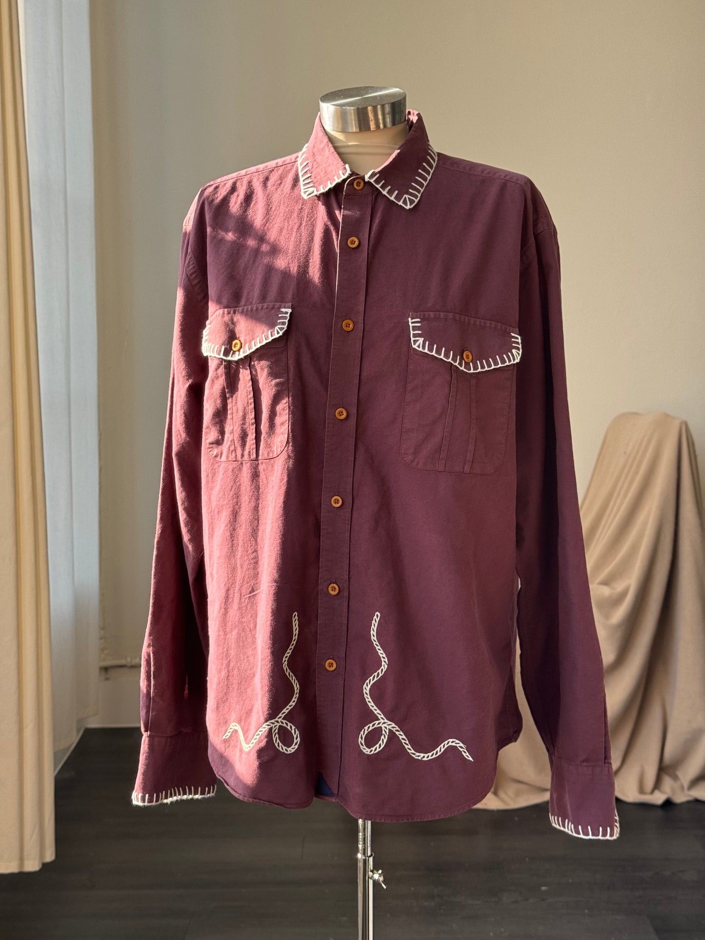 Michael Handcrafted Cowboy Blanket Stitch Embroidered Button Down In Red Brown