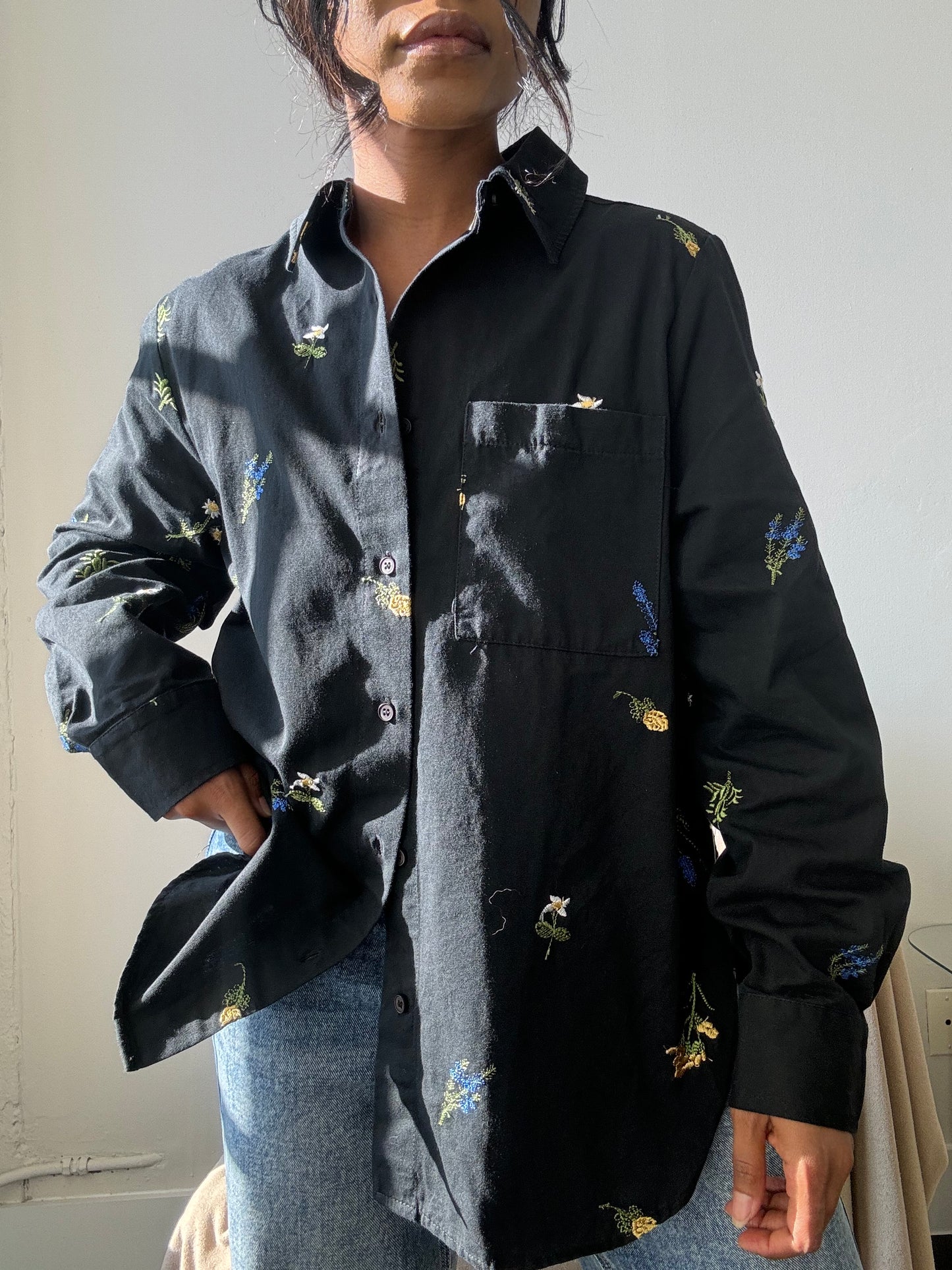 Marlene Cotton Embroidered Floral Button Down In Black