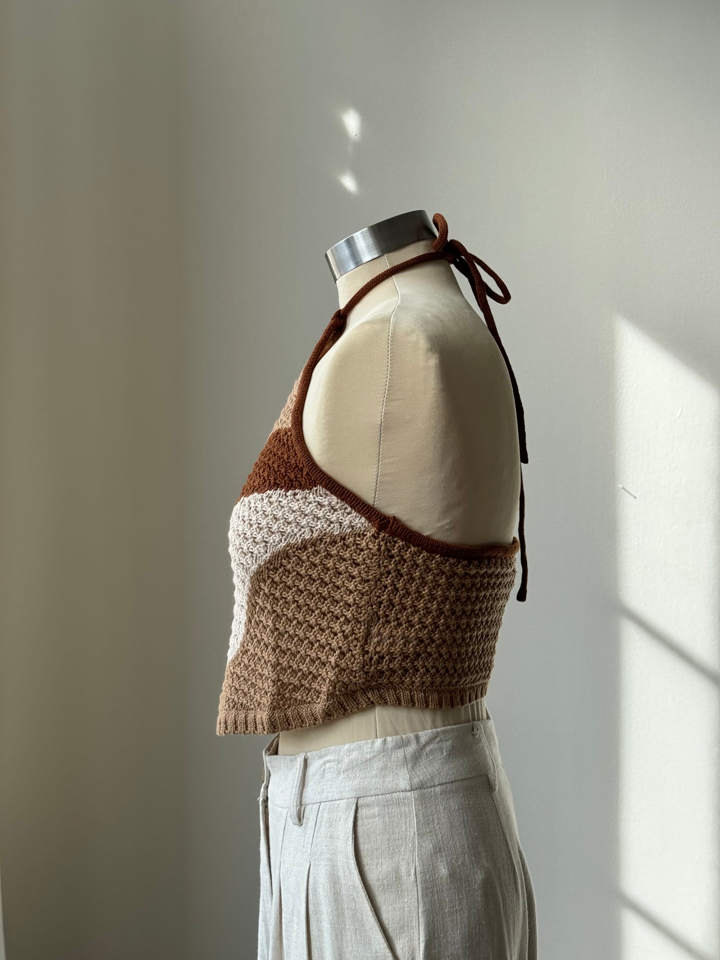 Billie Cotton Crochet Wave Open Back Halter Top In Brown