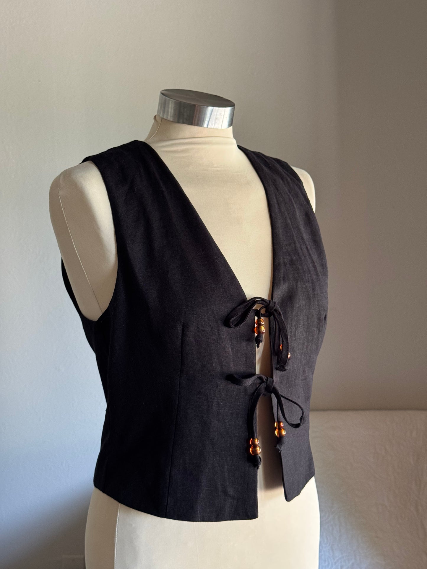 Jolene Linen Tie Front Bead Vest In Black