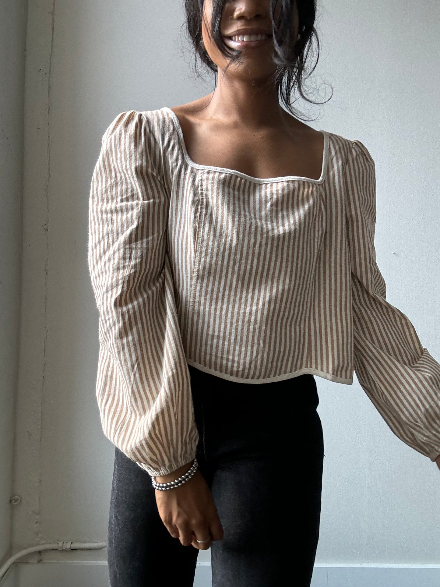 Marcella Cotton Button Back Striped Crop Top In Taupe