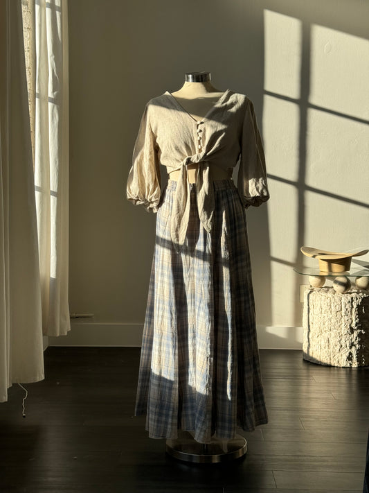 Annie Cotton Plaid Maxi Prairie Skirt In Vintage Blue