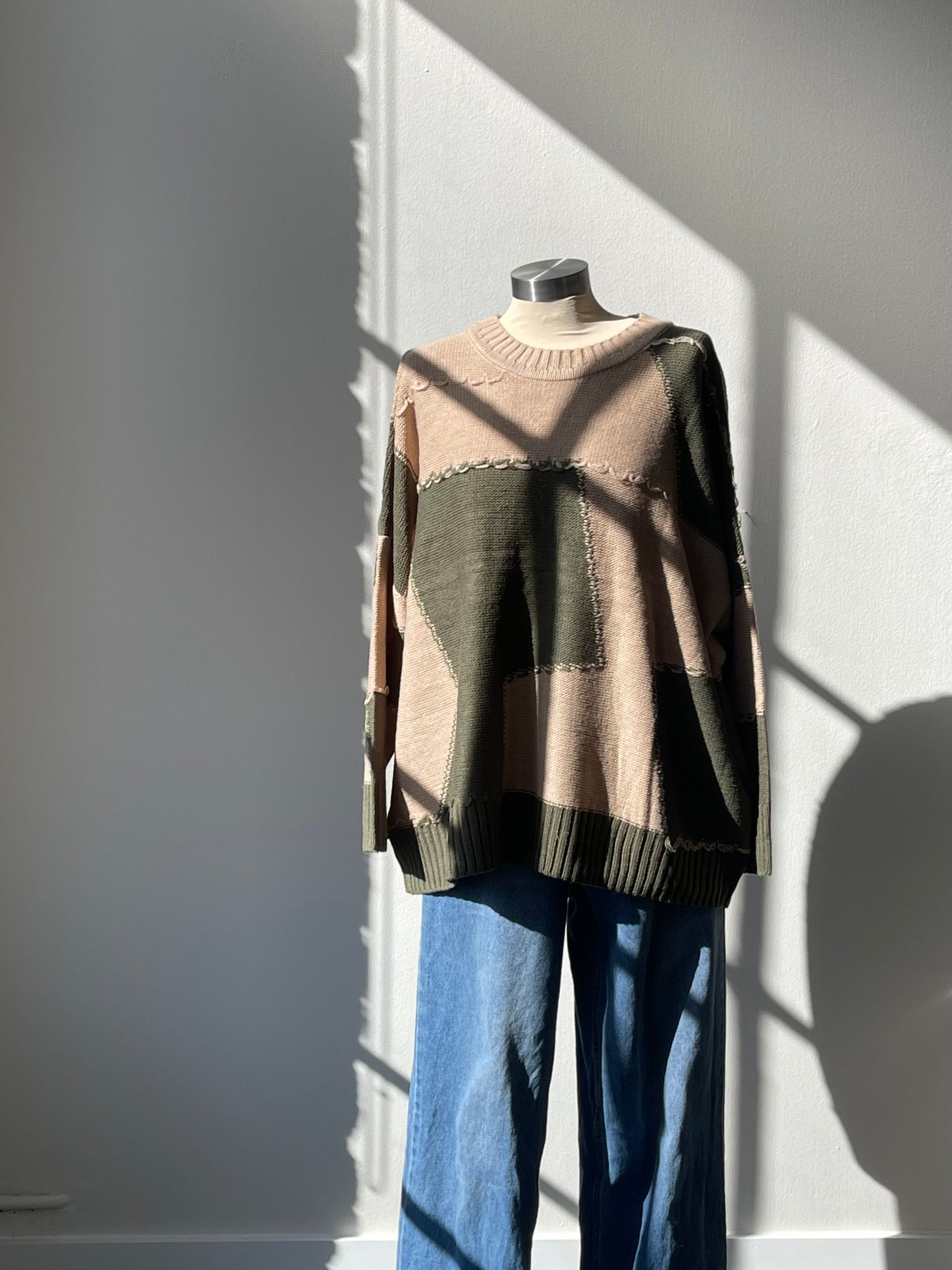 Nico Distressed Color Block Sweater In Taupe Olive