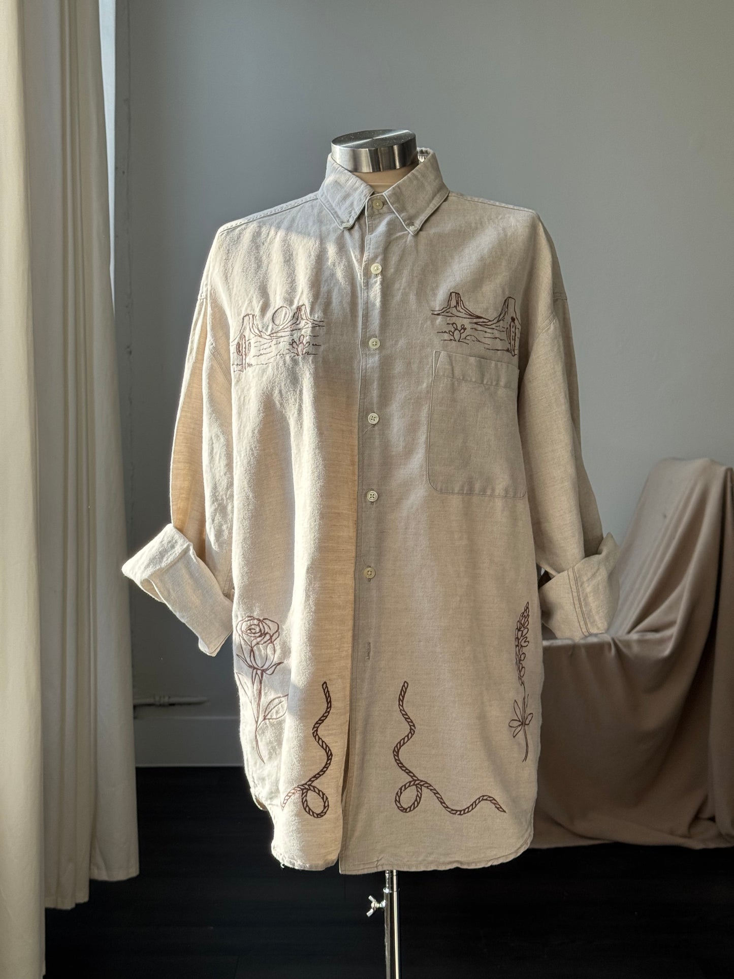 Jaxson Handcrafted Embroidered Button Down In Oatmeal