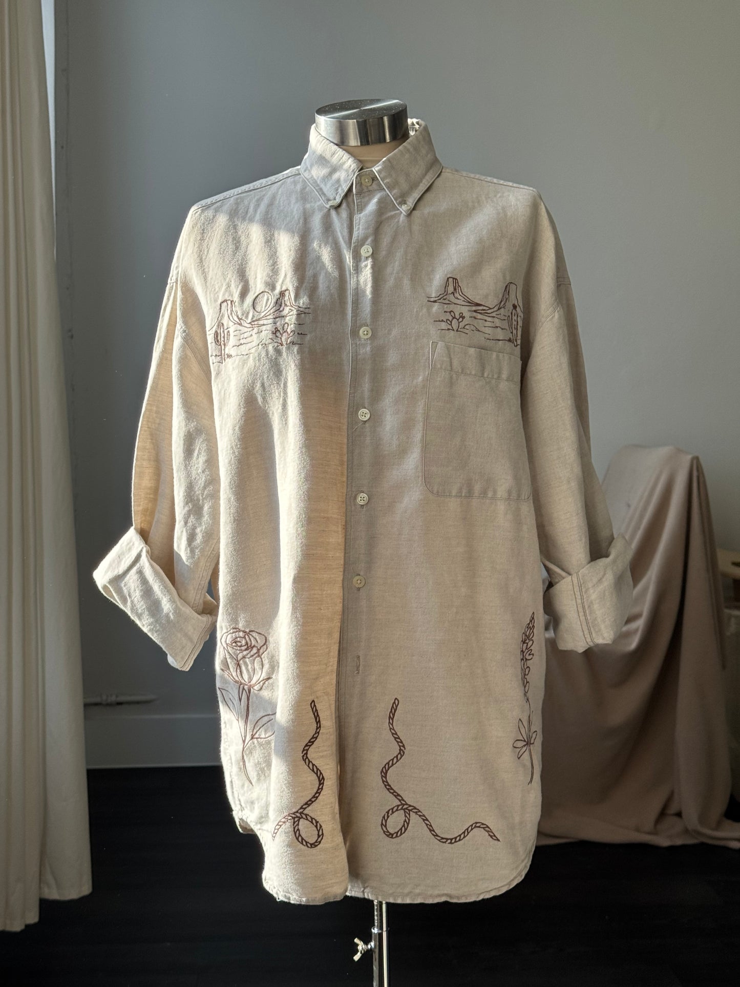 Jaxson Handcrafted Embroidered Button Down In Oatmeal