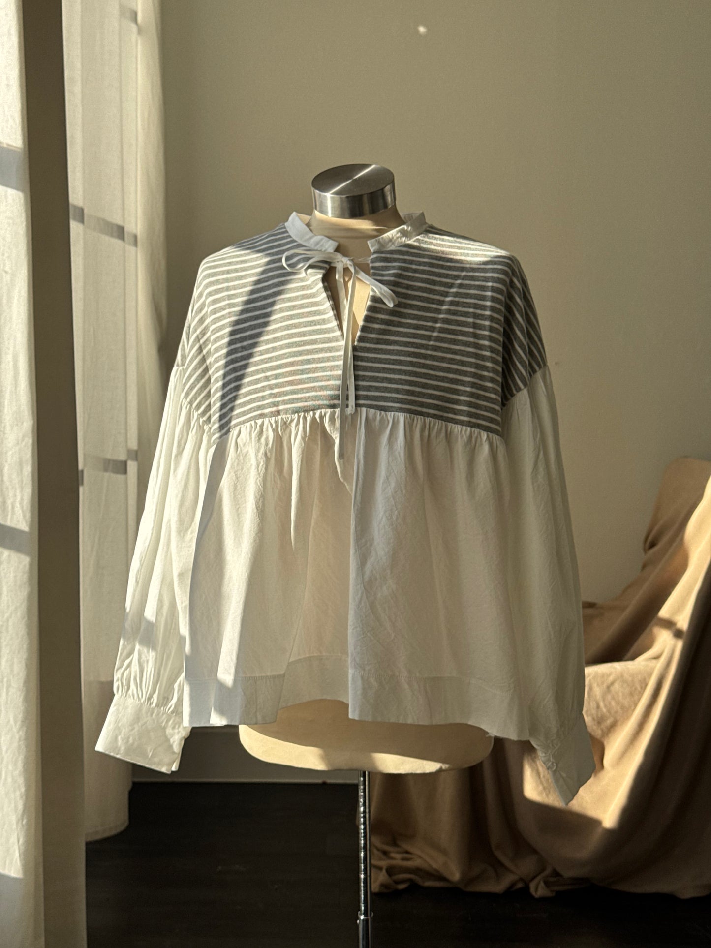 Chasity Cotton Mock Tie Neck Striped Two Tone Top In Grey