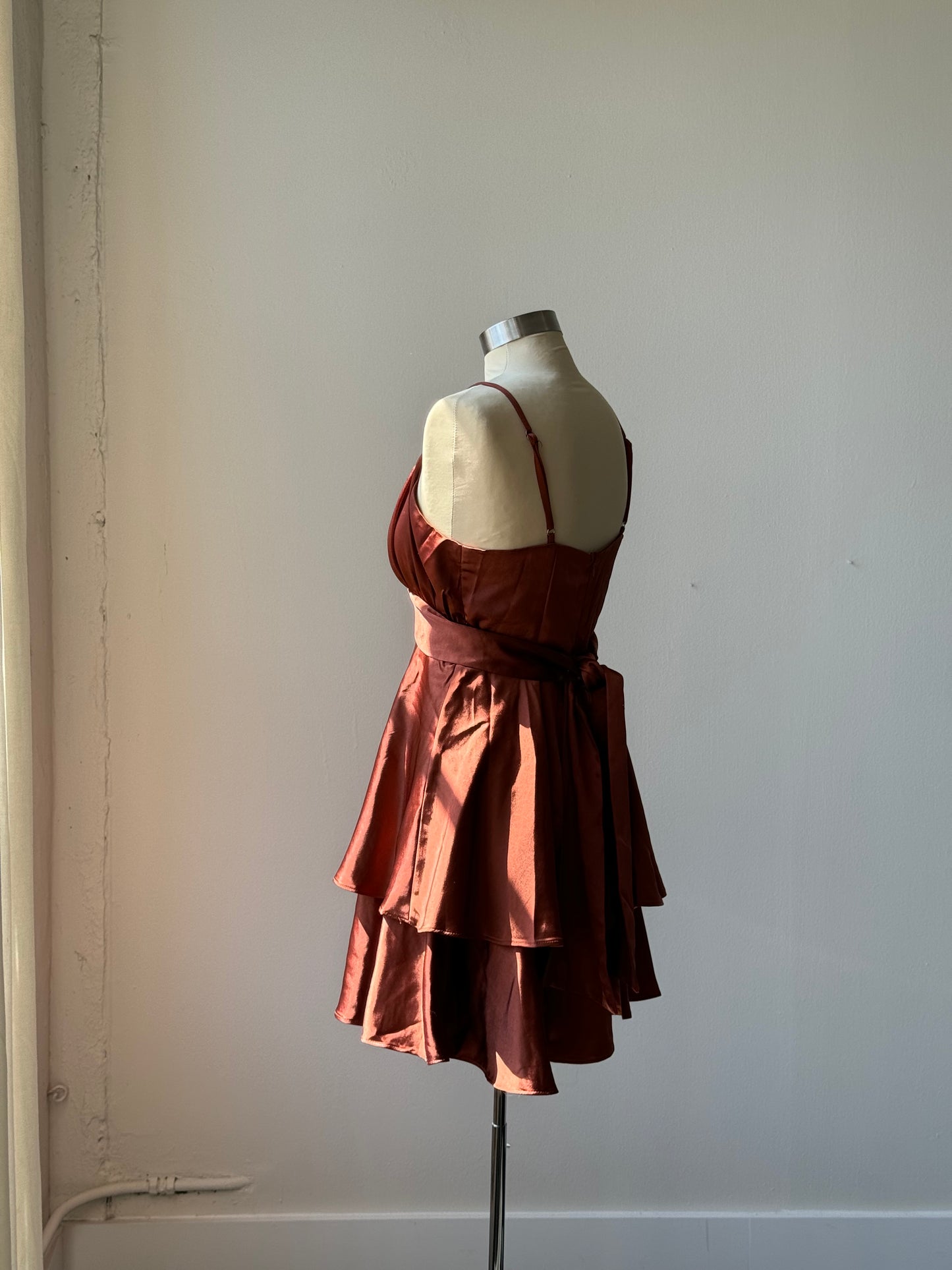 Saylor Tiered Satin Dress In Chocolate Brown