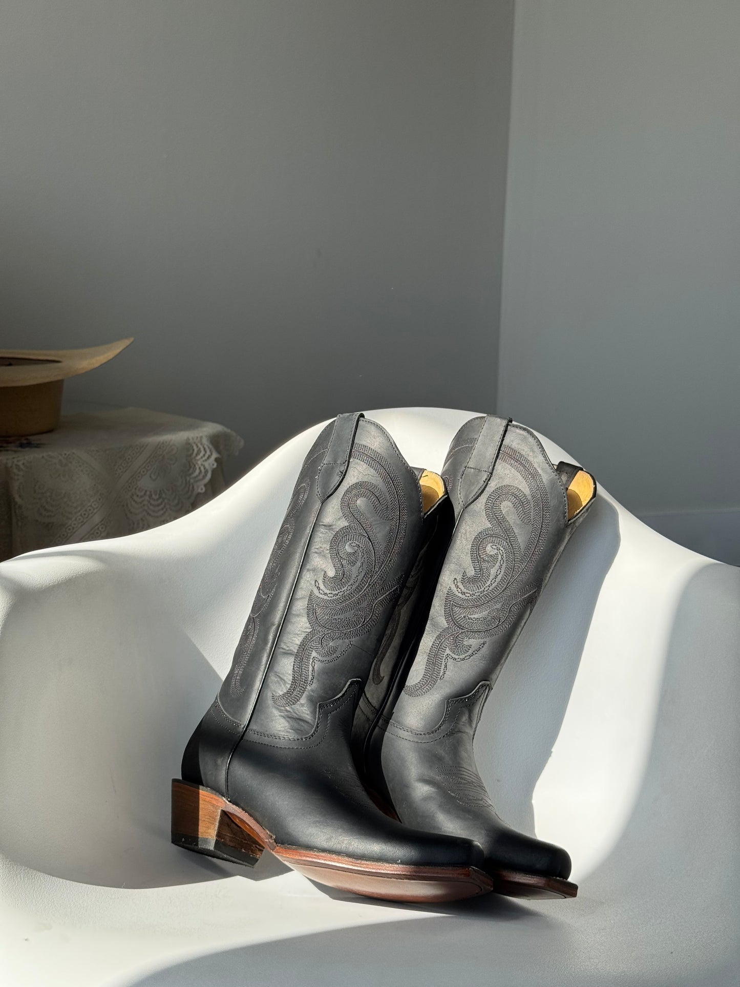 Matte Black Genuine, leather, Cowboy Boots