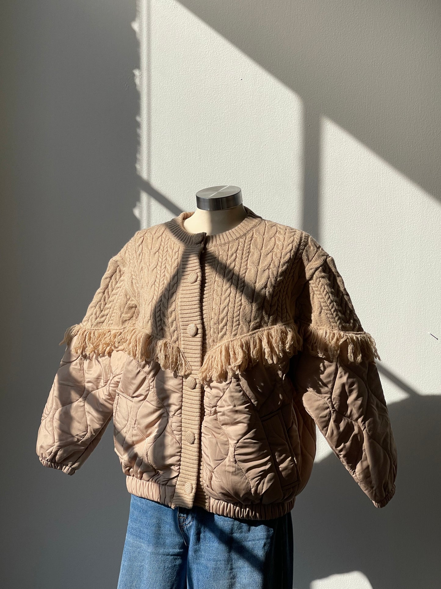Carson Quilted Cableknit & Fringe Jacket In Sand