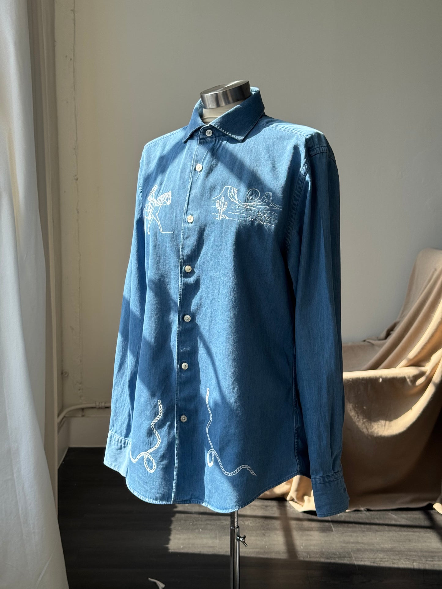 Jaxson Handcrafted Embroidered Button Down In Deep Denim