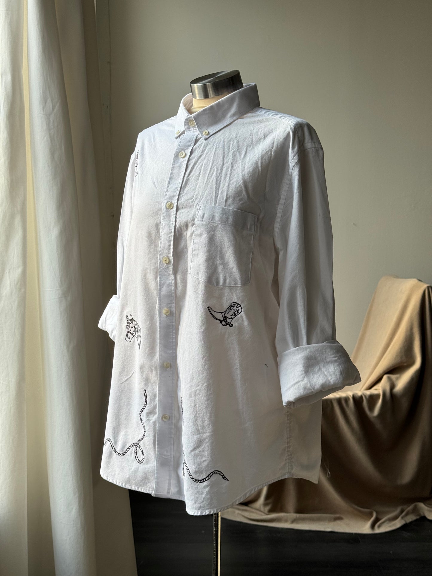 The Jaxson Handcrafted Chocolate Brown Embroidered Button Down In White