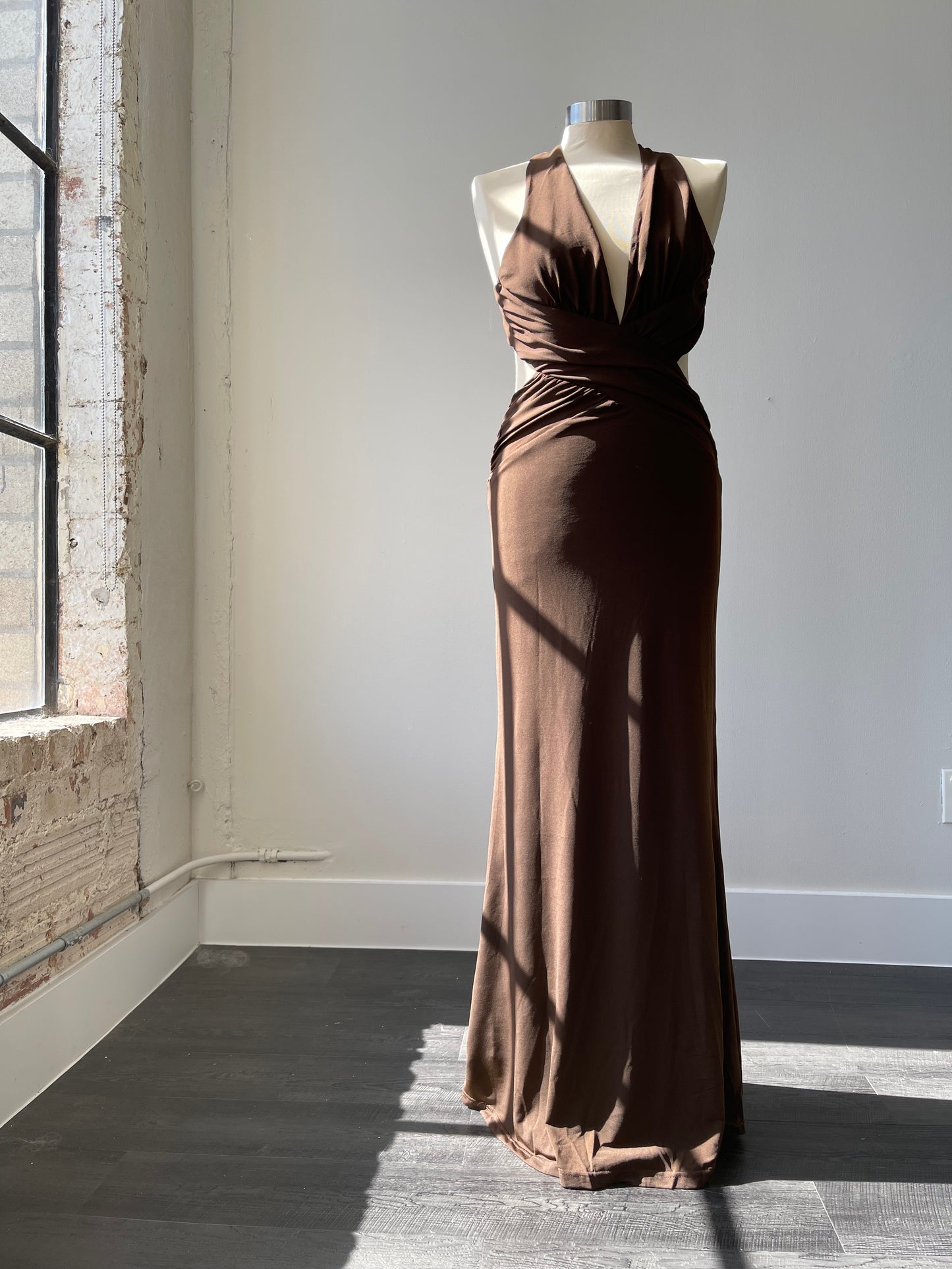 Dana Deep V Neck Open Back Halter Maxi Dress In Chocolate Brown