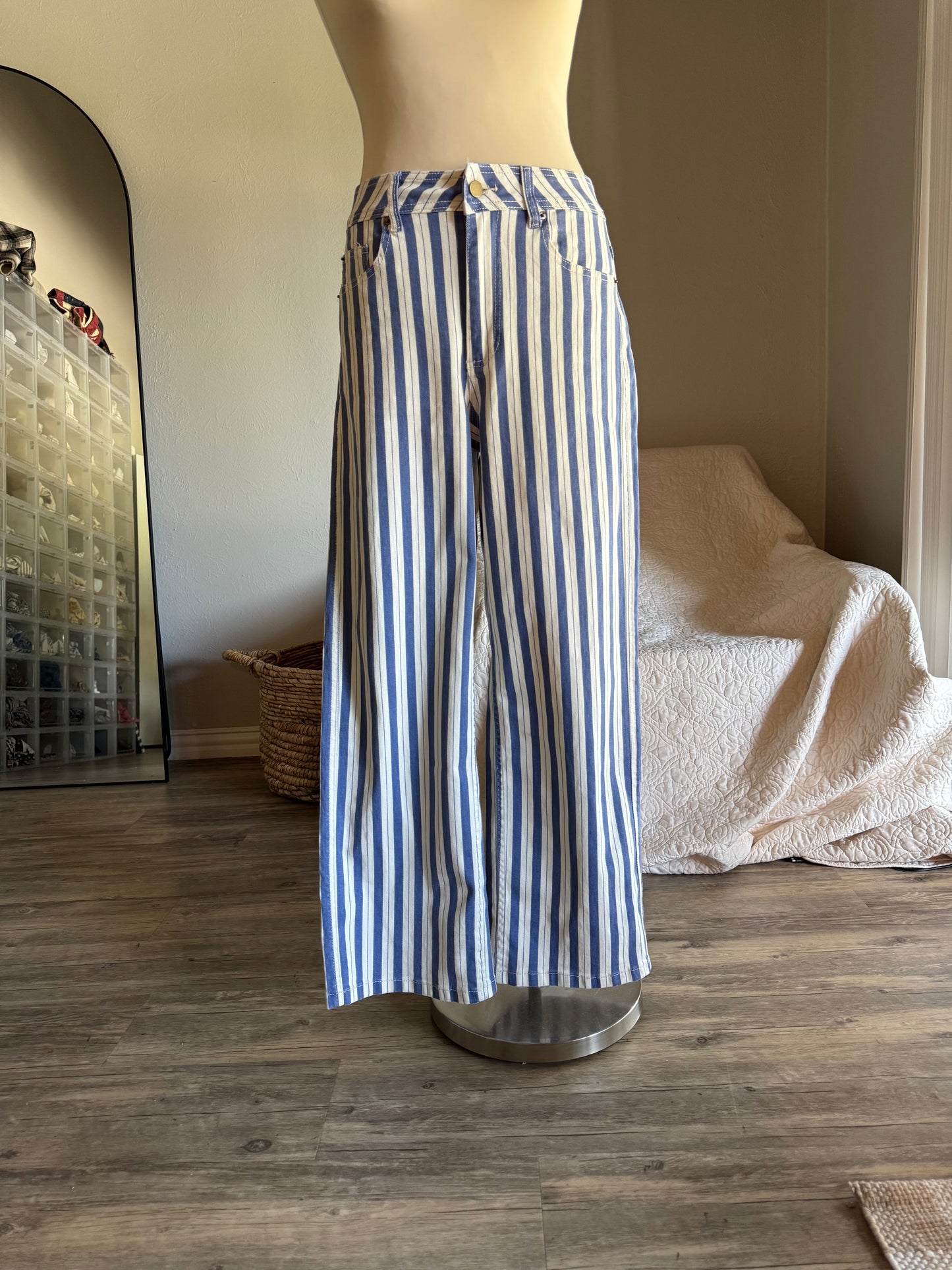 Clarice Cotton Striped Classic Straight Denim In Vintage Blue