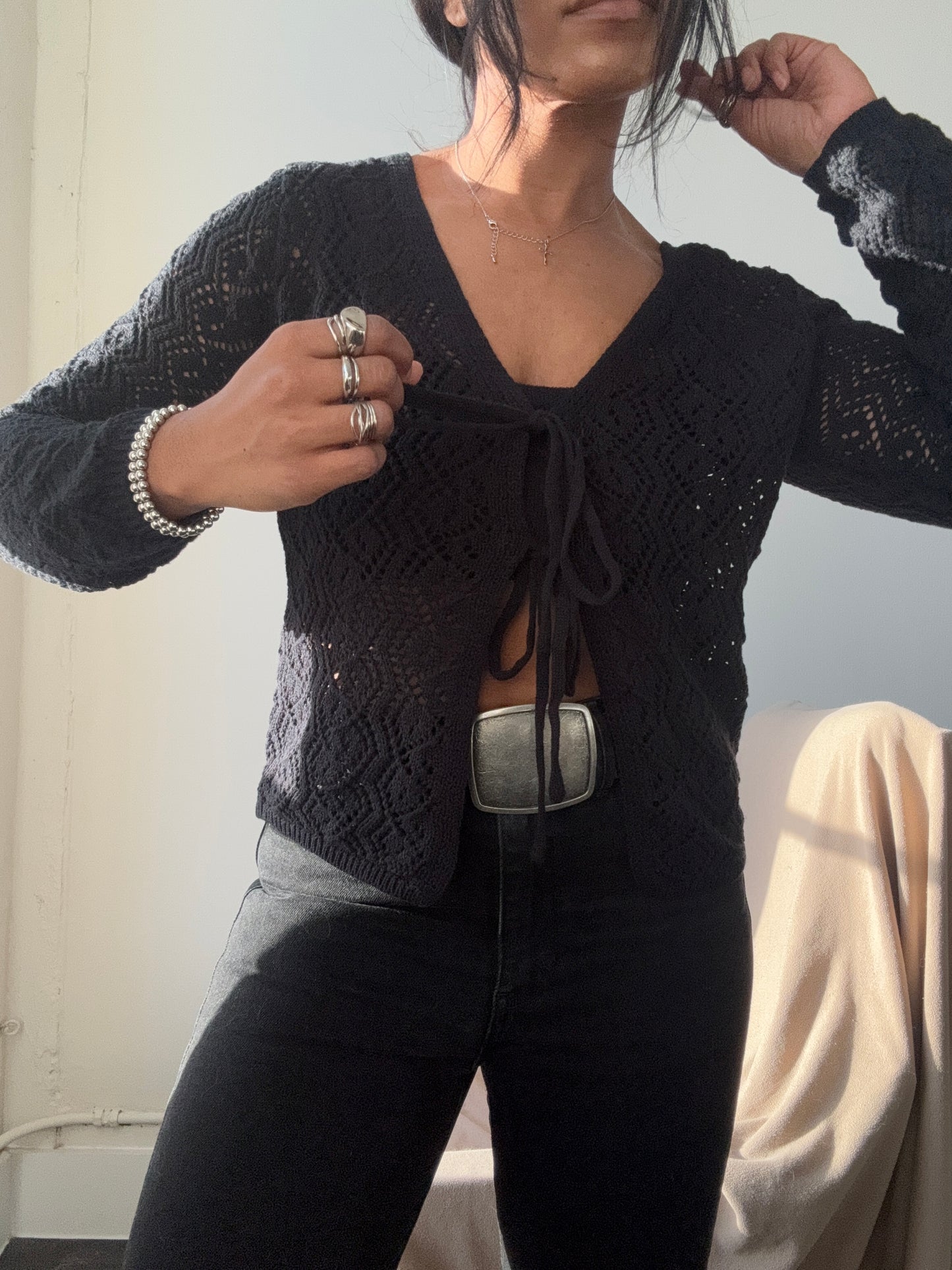 Brooks Crochet Tie Front Top In Black