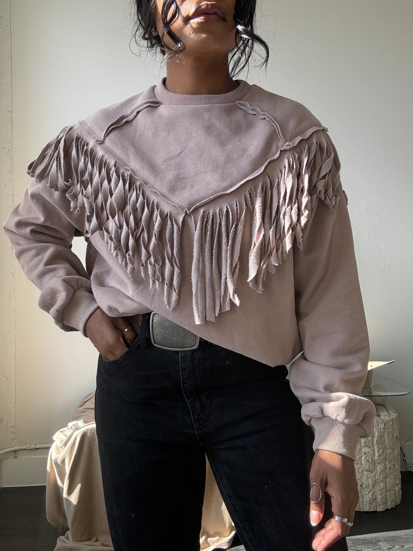 Kalon Cotton Crewneck Western Style Fringe Pullover In Sand